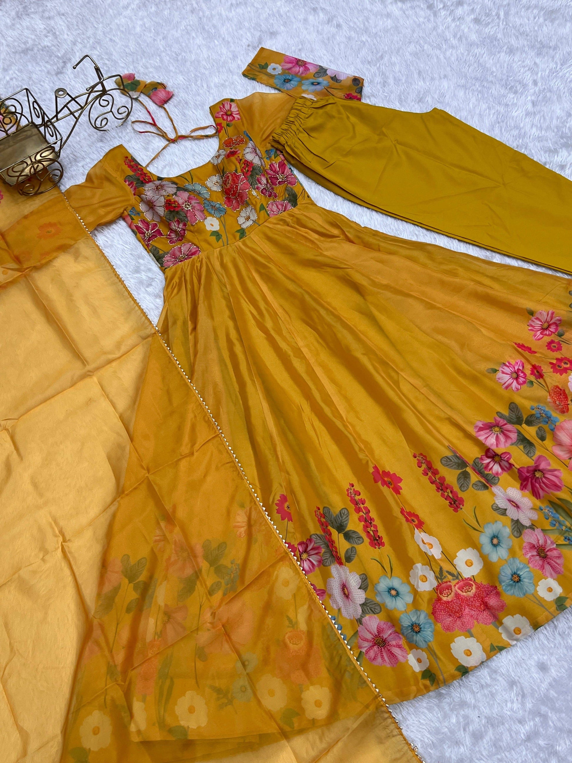 Breathtaking Organza Silk Floral Printed Designer Anarkali Pant Suit - Ethnicwish