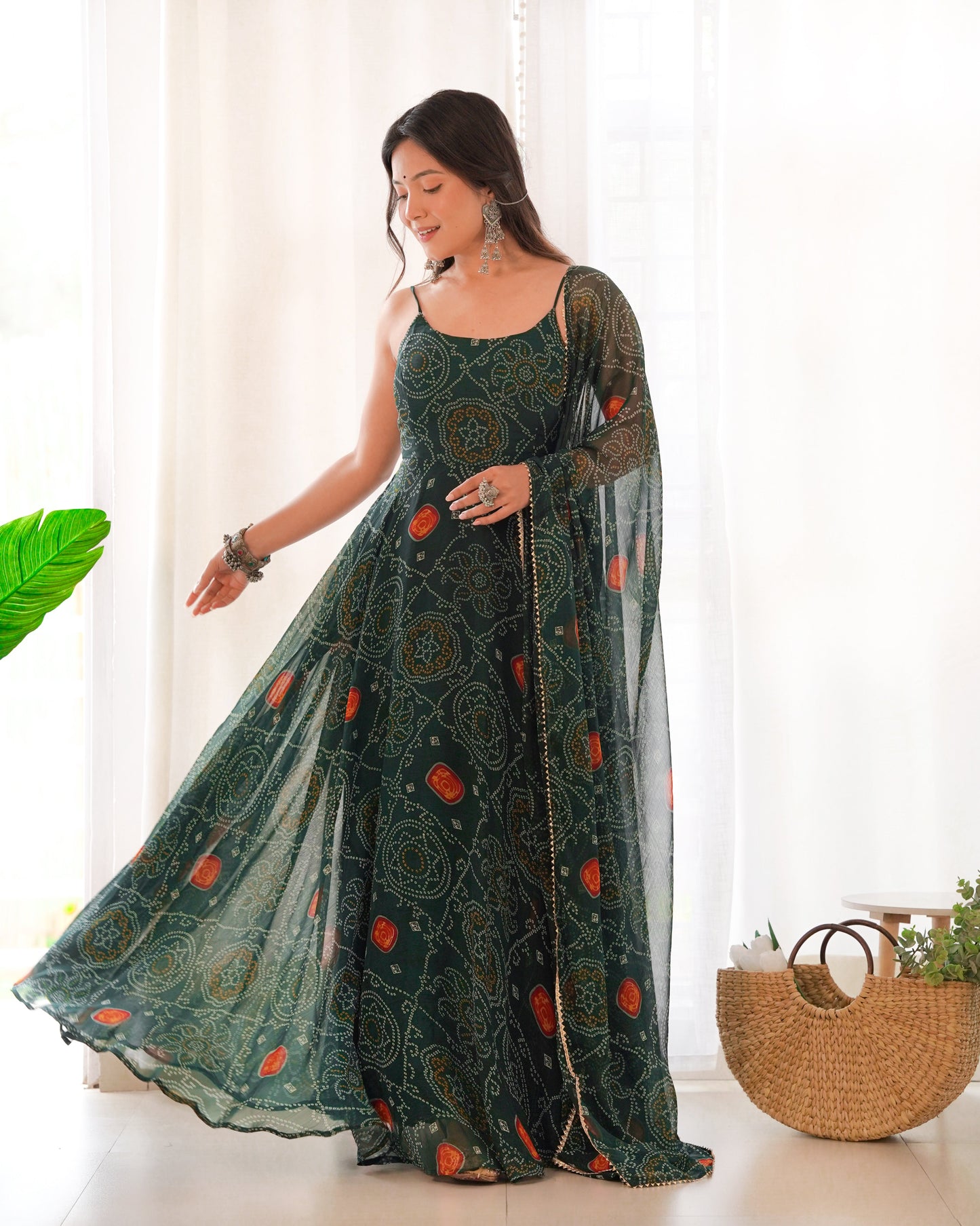 Spectacular Pink Chiffon Bandhej Printed Stitched Anarkali Pant Suit - Ethnicwish