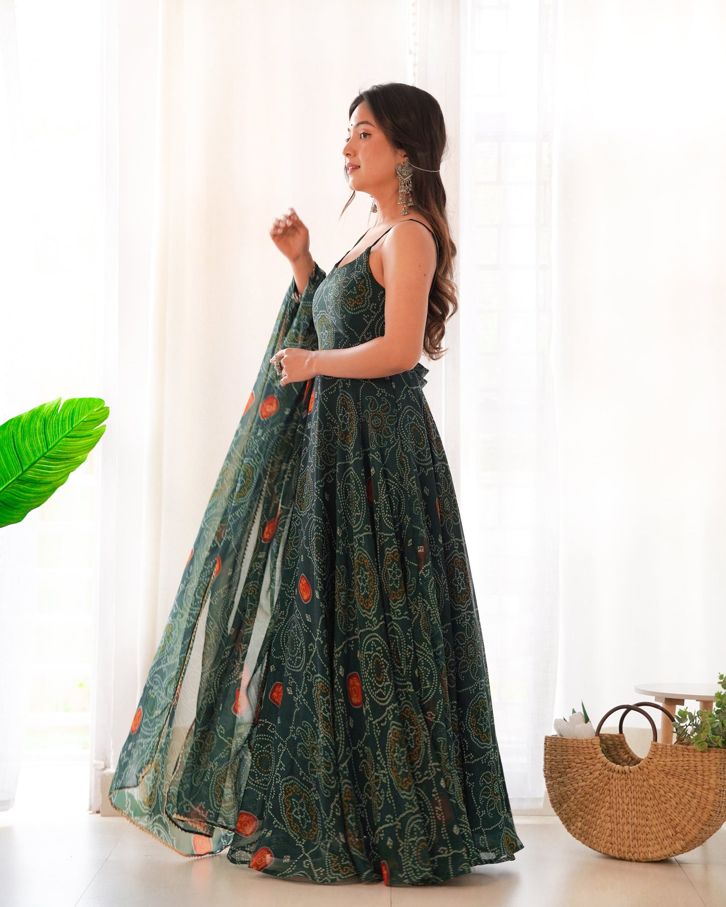 Spectacular Pink Chiffon Bandhej Printed Stitched Anarkali Pant Suit - Ethnicwish