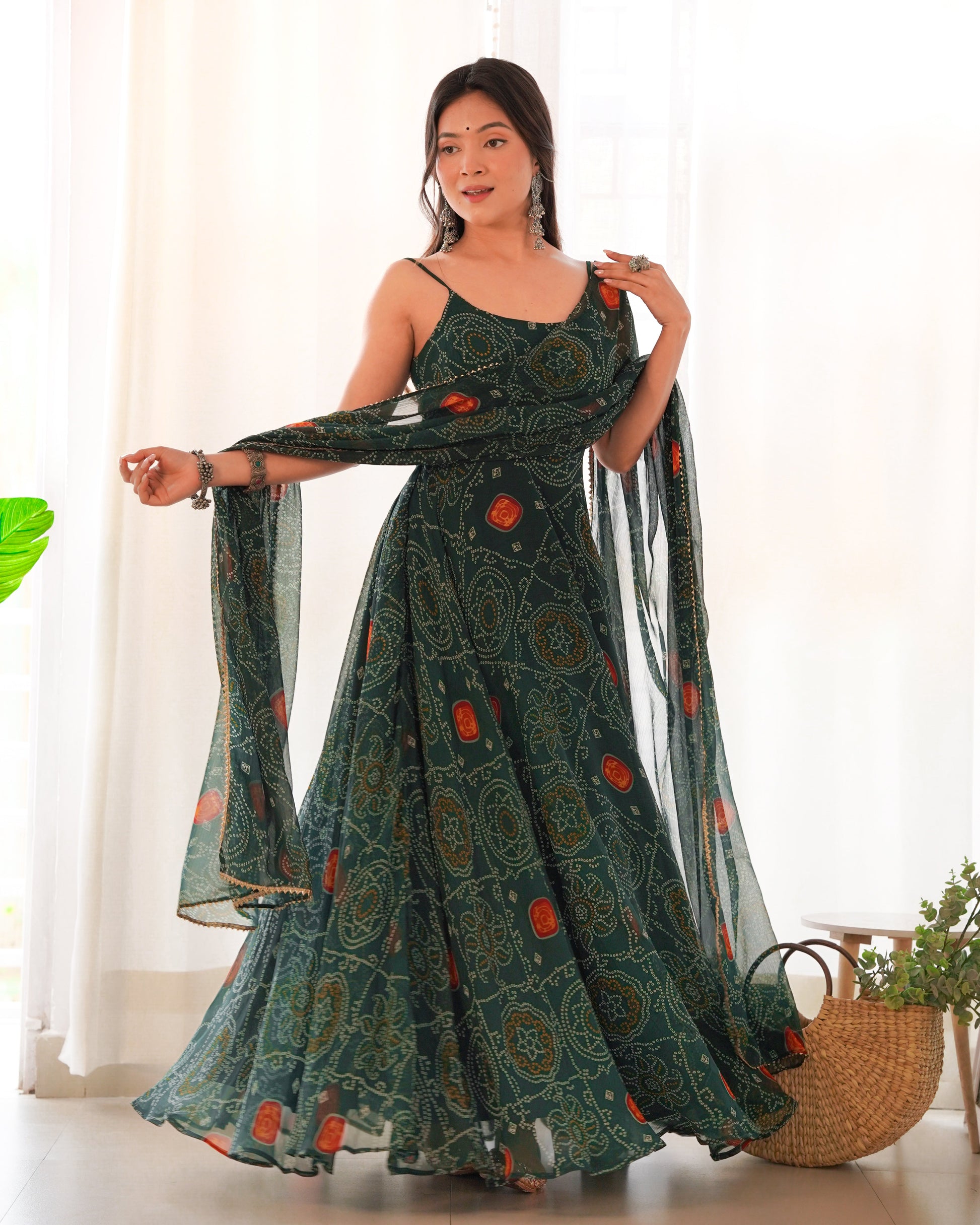 Spectacular Pink Chiffon Bandhej Printed Stitched Anarkali Pant Suit - Ethnicwish