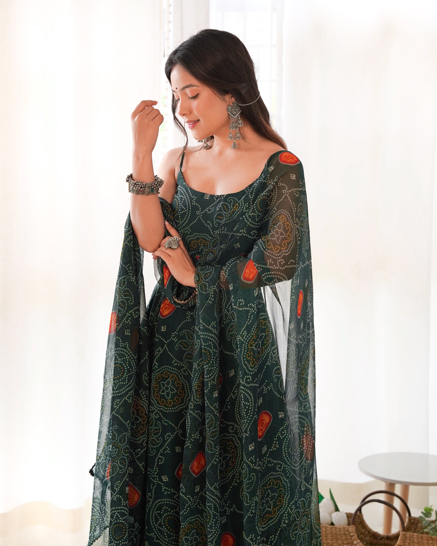 Spectacular Pink Chiffon Bandhej Printed Stitched Anarkali Pant Suit - Ethnicwish