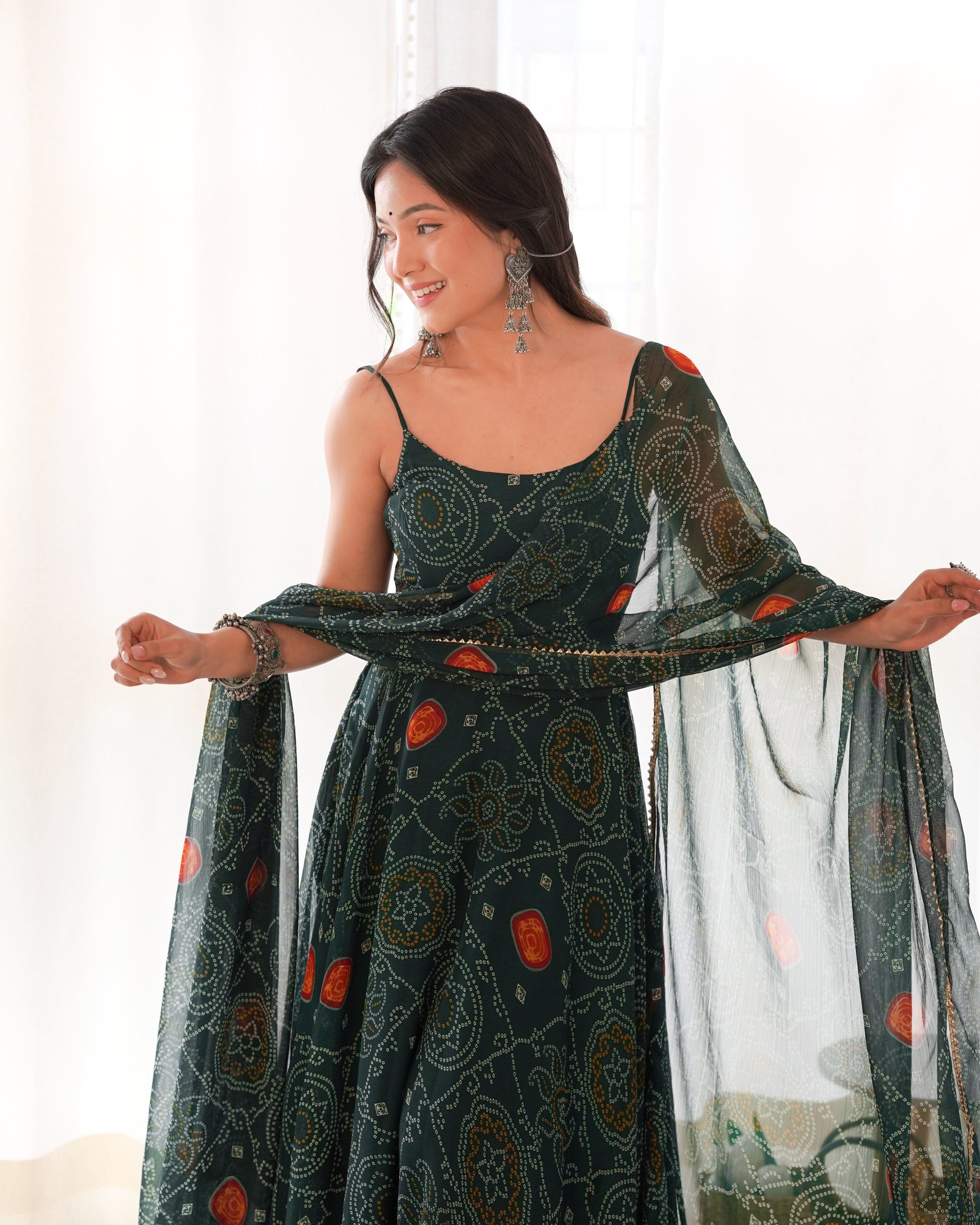 Spectacular Pink Chiffon Bandhej Printed Stitched Anarkali Pant Suit - Ethnicwish