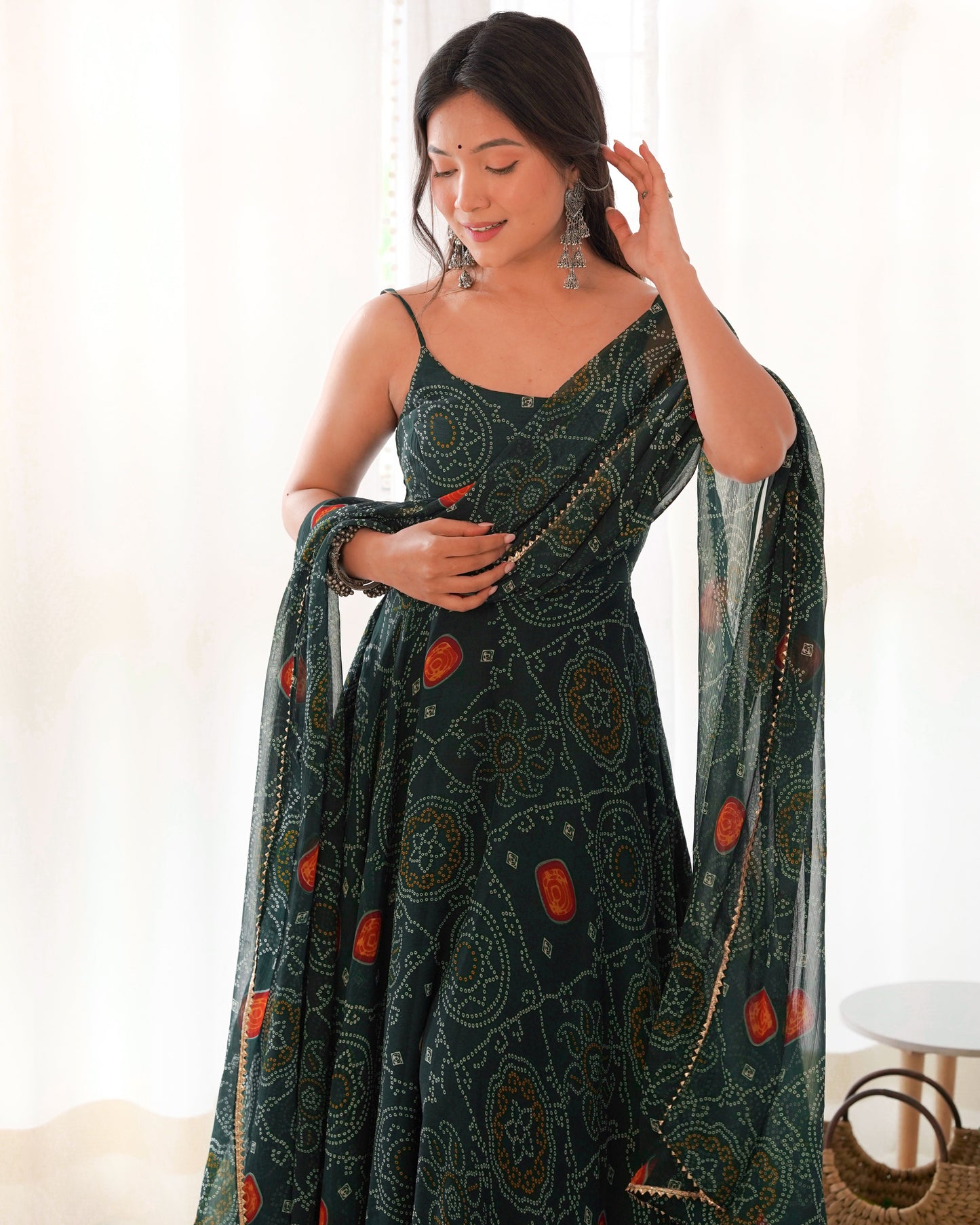 Spectacular Pink Chiffon Bandhej Printed Stitched Anarkali Pant Suit - Ethnicwish