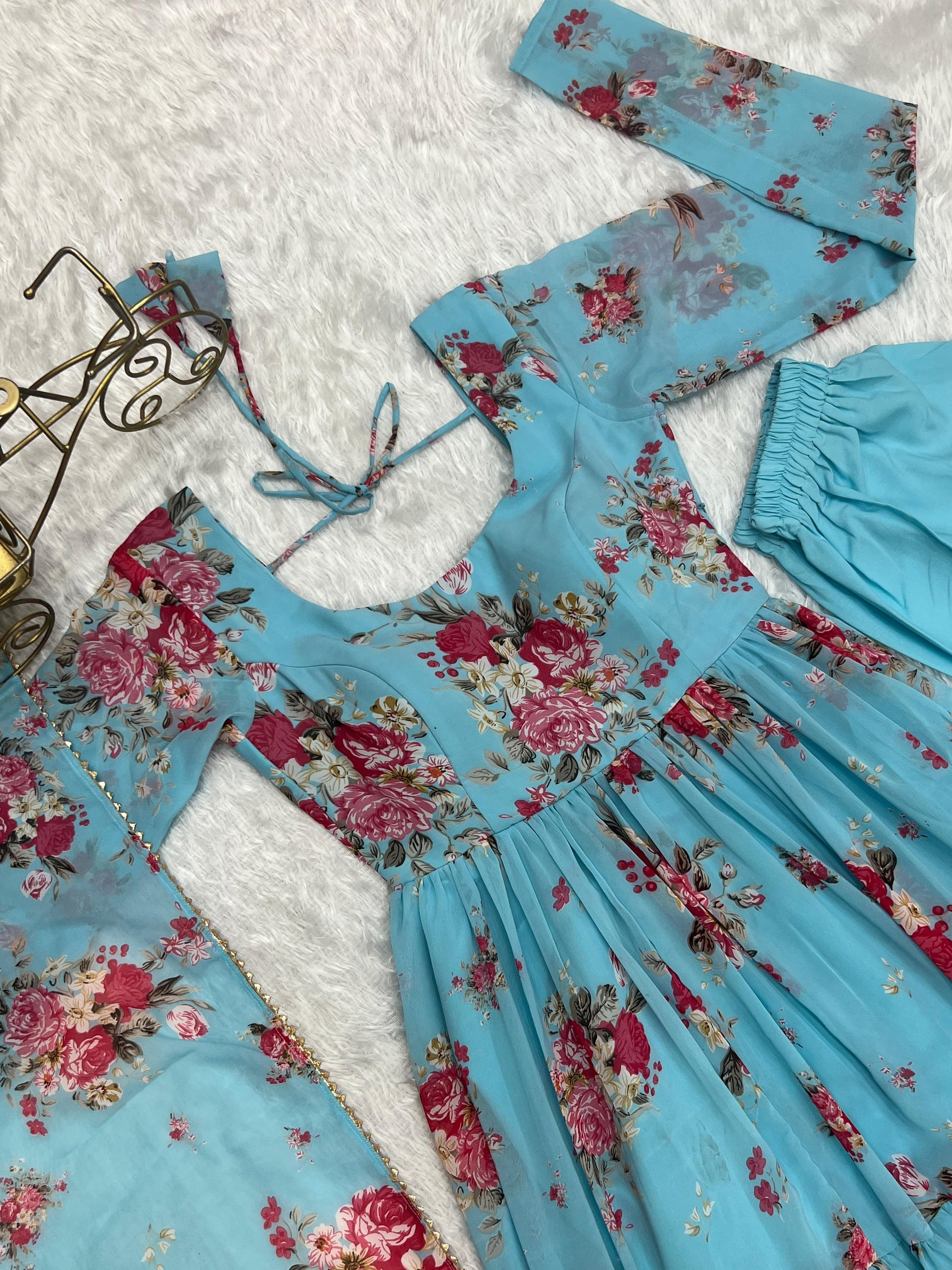 Radiant Sky Blue Floral Printed Fully Stitched Anarkali Pant Suit - Ethnicwish