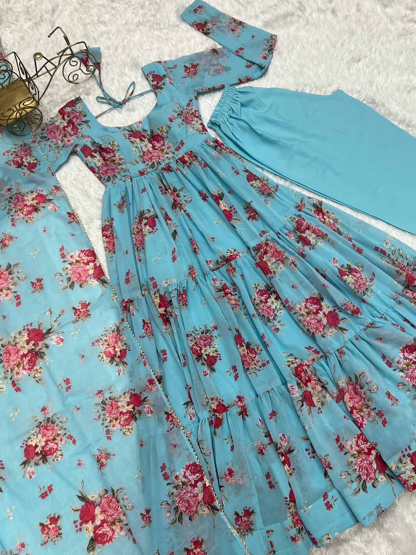 Radiant Sky Blue Floral Printed Fully Stitched Anarkali Pant Suit - Ethnicwish