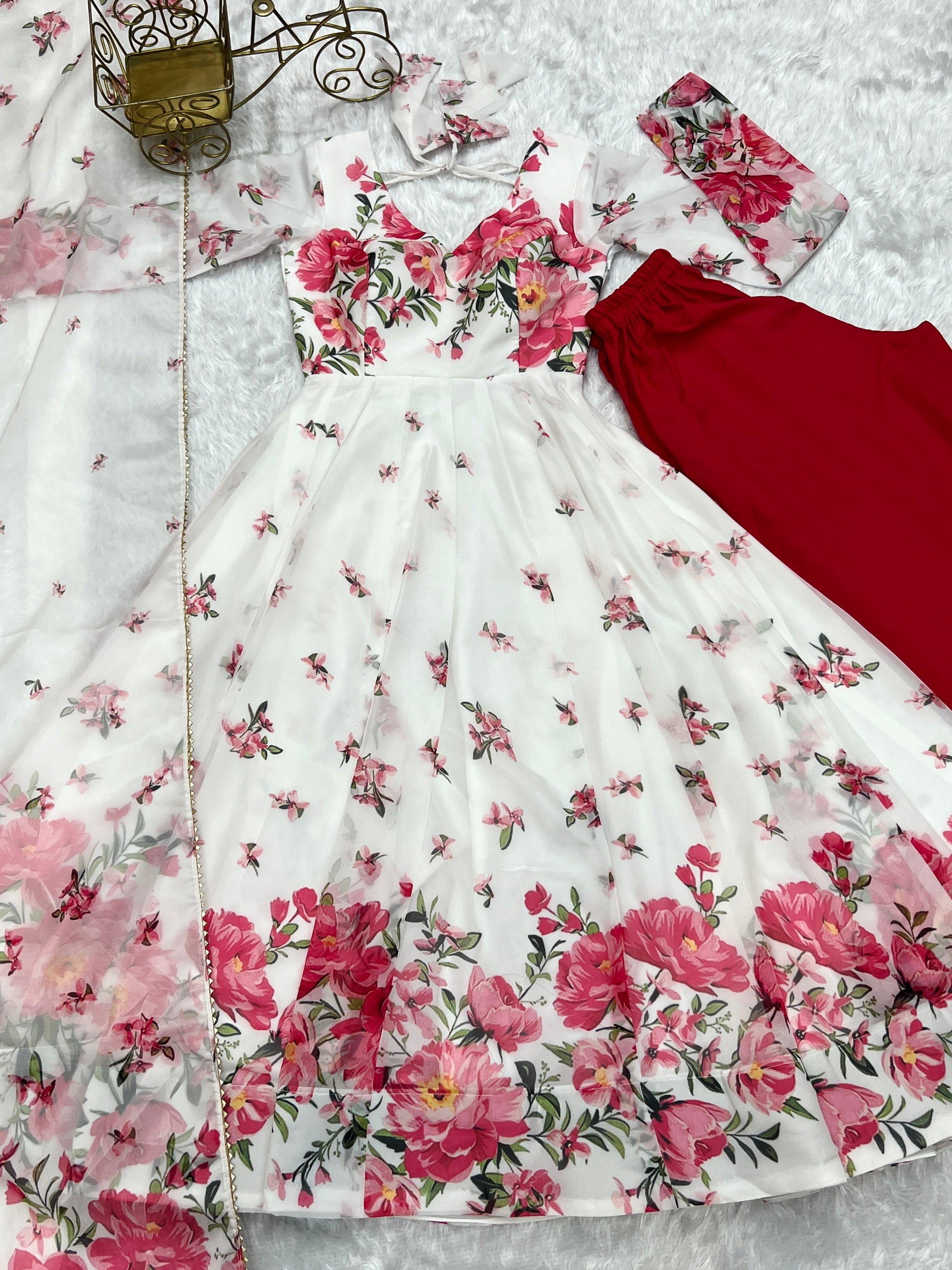 Polished White Organza Silk Floral Printed Anarkali Pant Suit - Ethnicwish