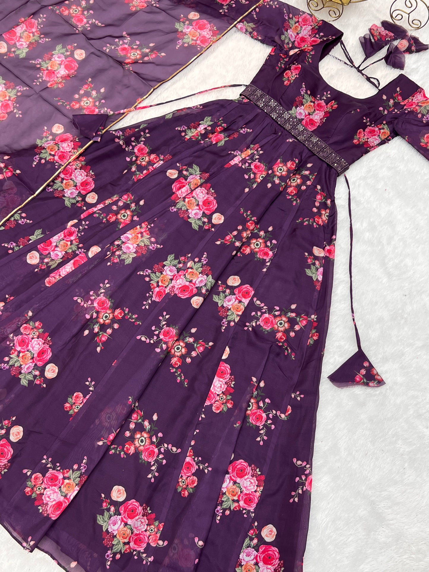 Glamorous Organza Silk Floral Printed Designer Anarkali Pant Suit - Ethnicwish