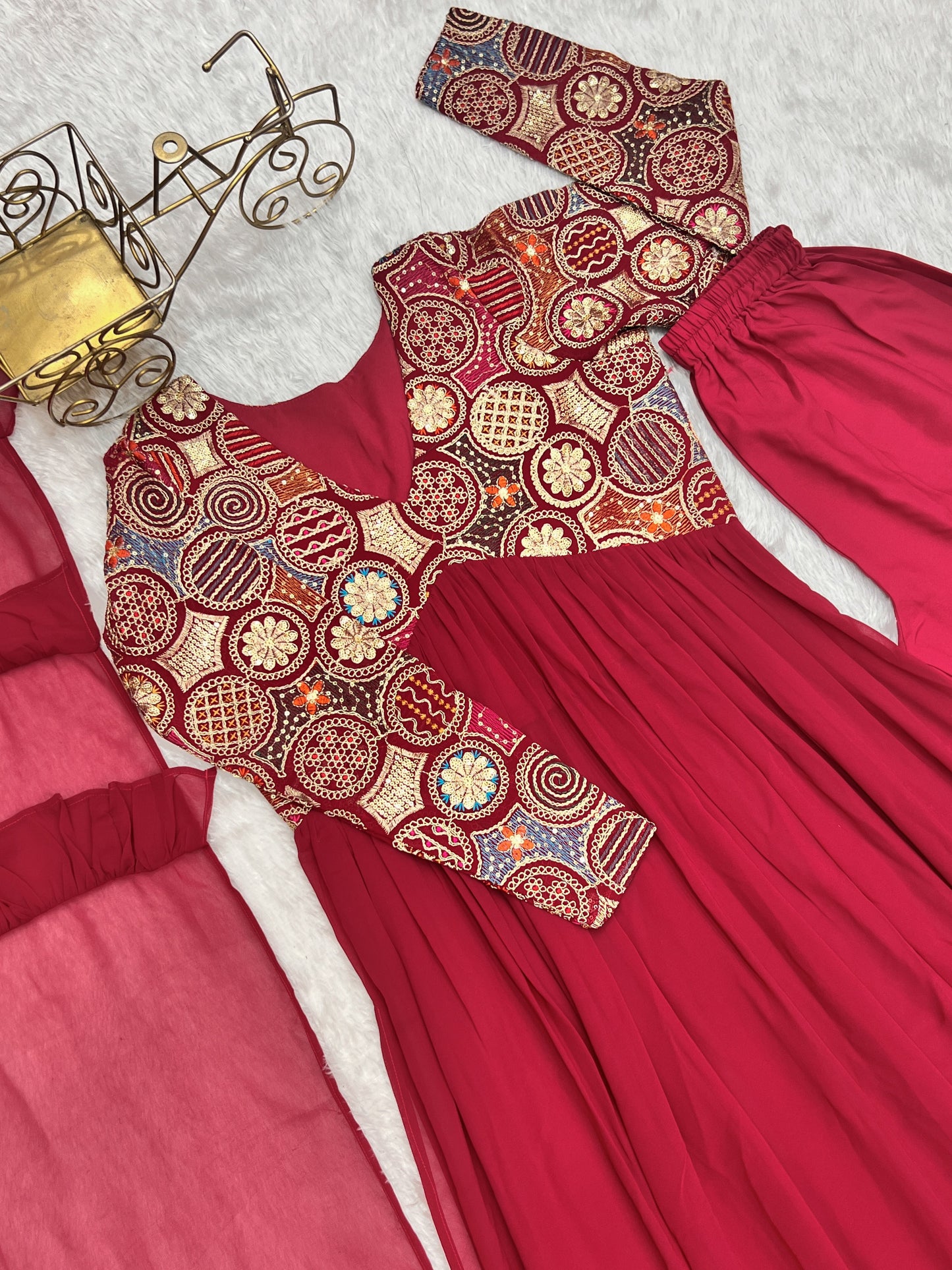 Classy Red Faux Georgette Sequins Dori Thread Zari Worked Anarkali Pant Suit - Ethnicwish