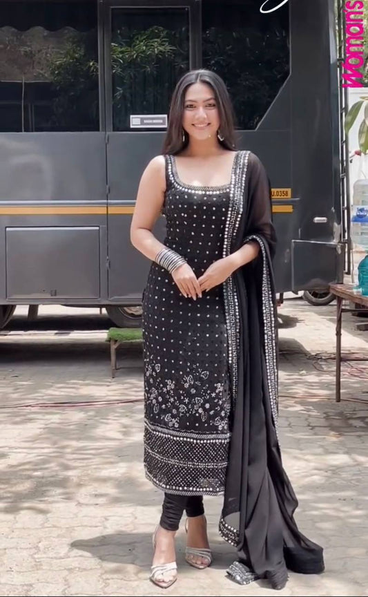 Black Charming Georgette Thread With Sequence & Real Mirror Work Dress