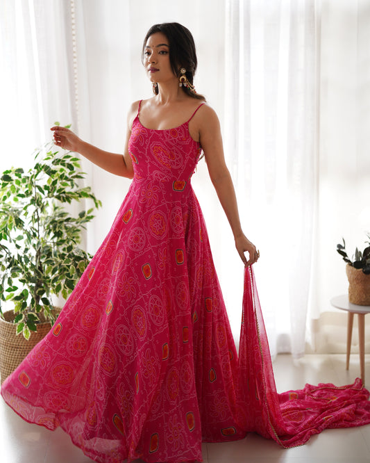 Spectacular Pink Chiffon Bandhej Printed Stitched Anarkali Pant Suit - Ethnicwish