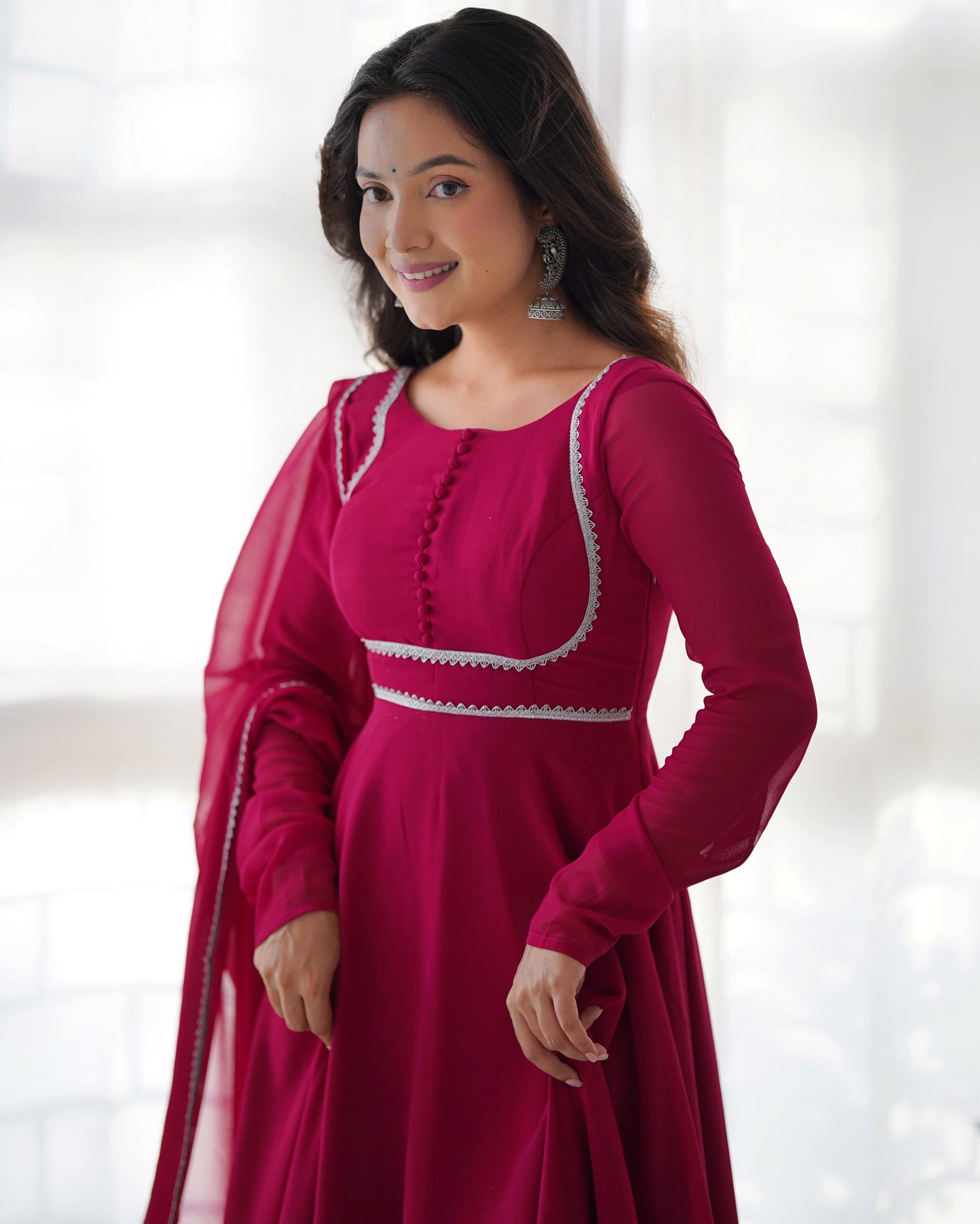 Fetching Faux Georgette Fancy Neck Anarkali Pant Suit - Ethnicwish