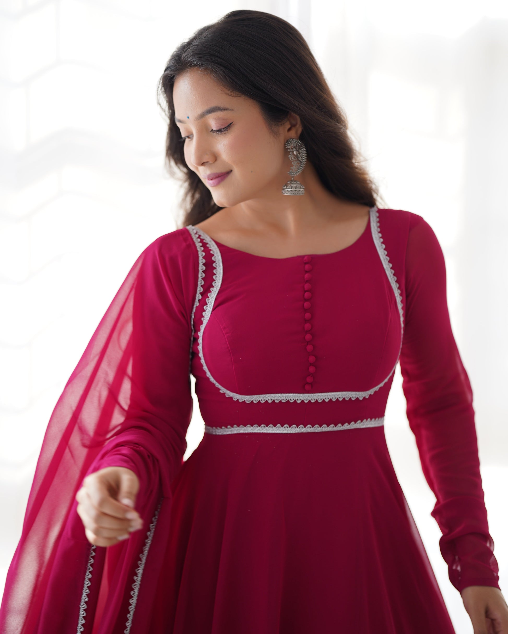 Fetching Faux Georgette Fancy Neck Anarkali Pant Suit - Ethnicwish