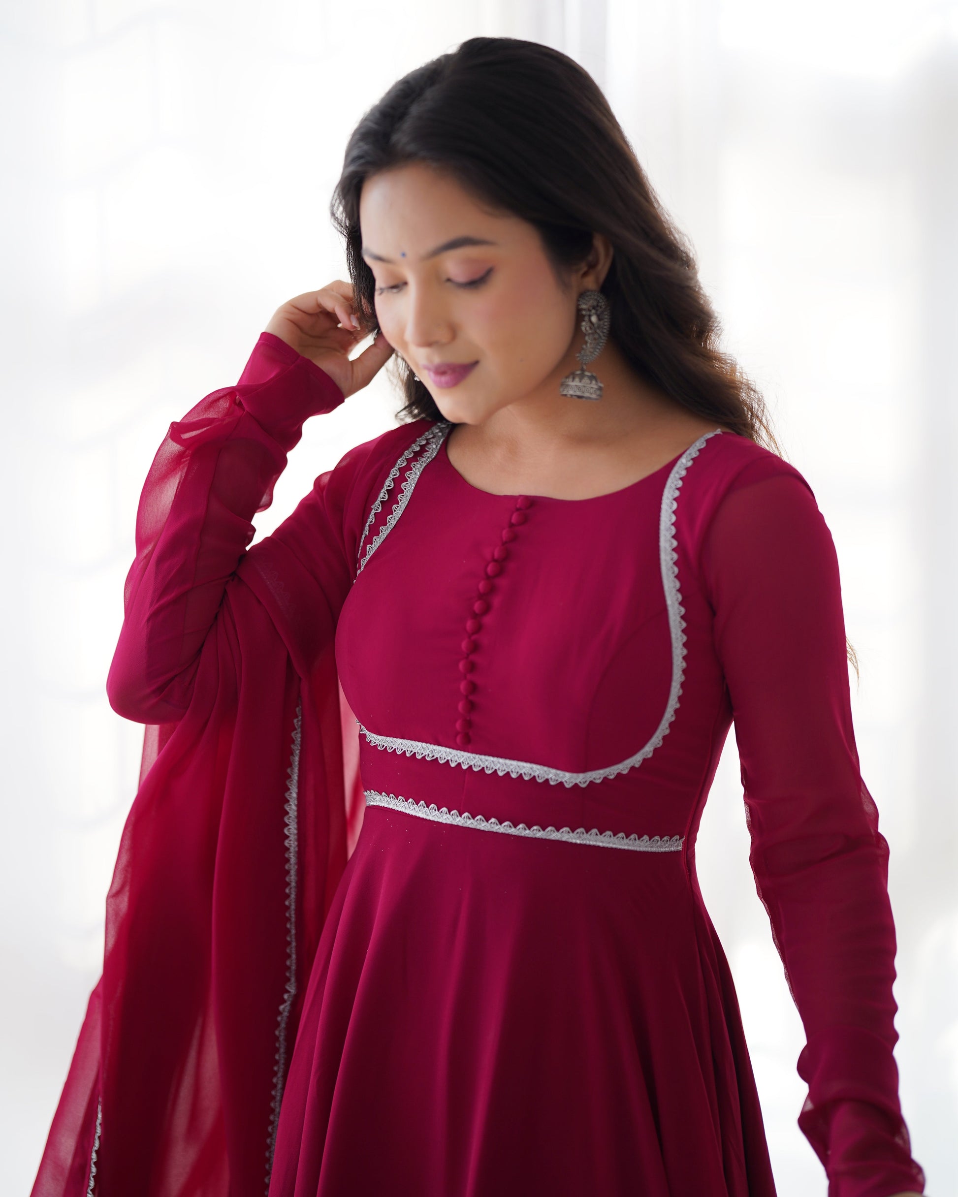 Fetching Faux Georgette Fancy Neck Anarkali Pant Suit - Ethnicwish