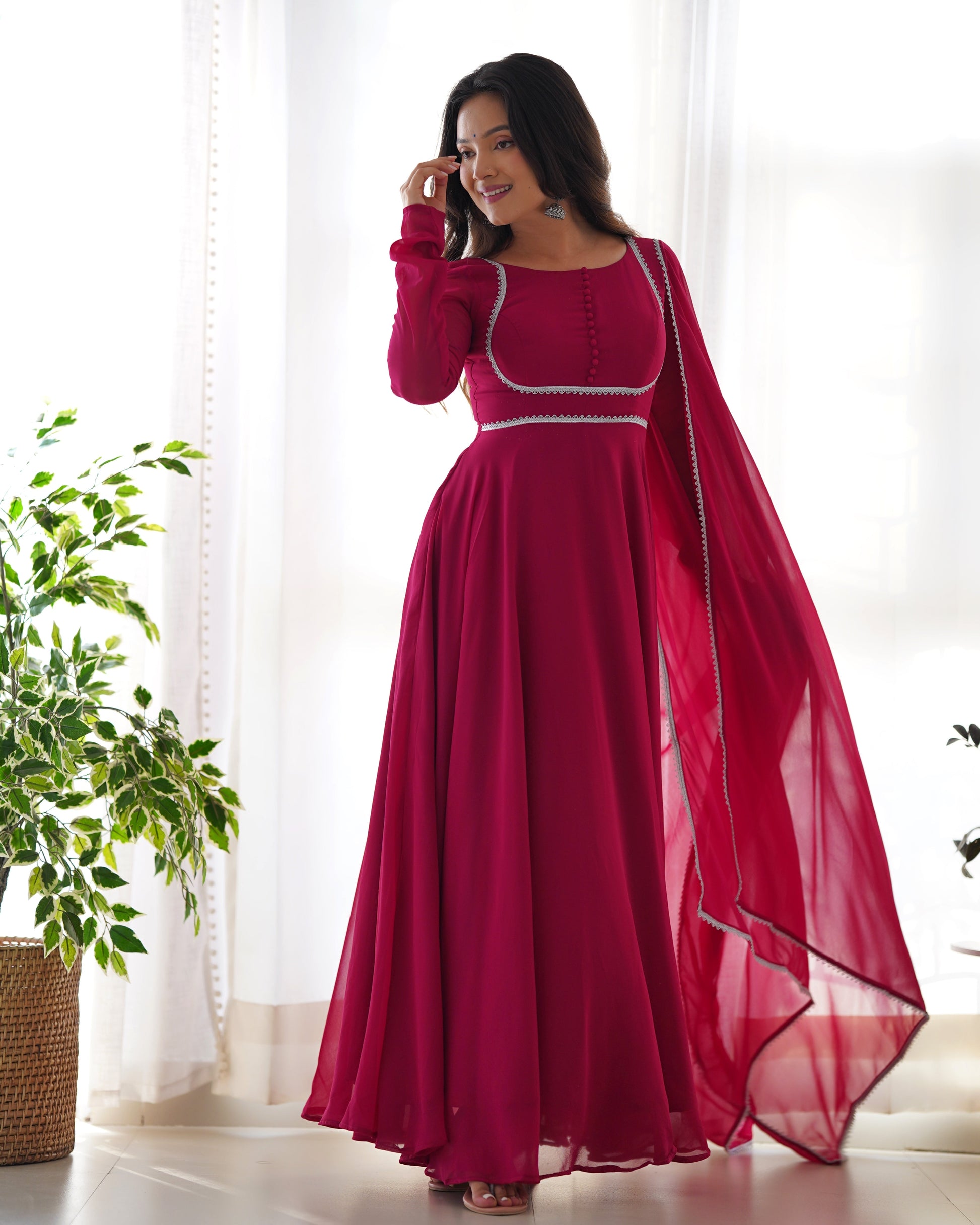 Fetching Faux Georgette Fancy Neck Anarkali Pant Suit - Ethnicwish