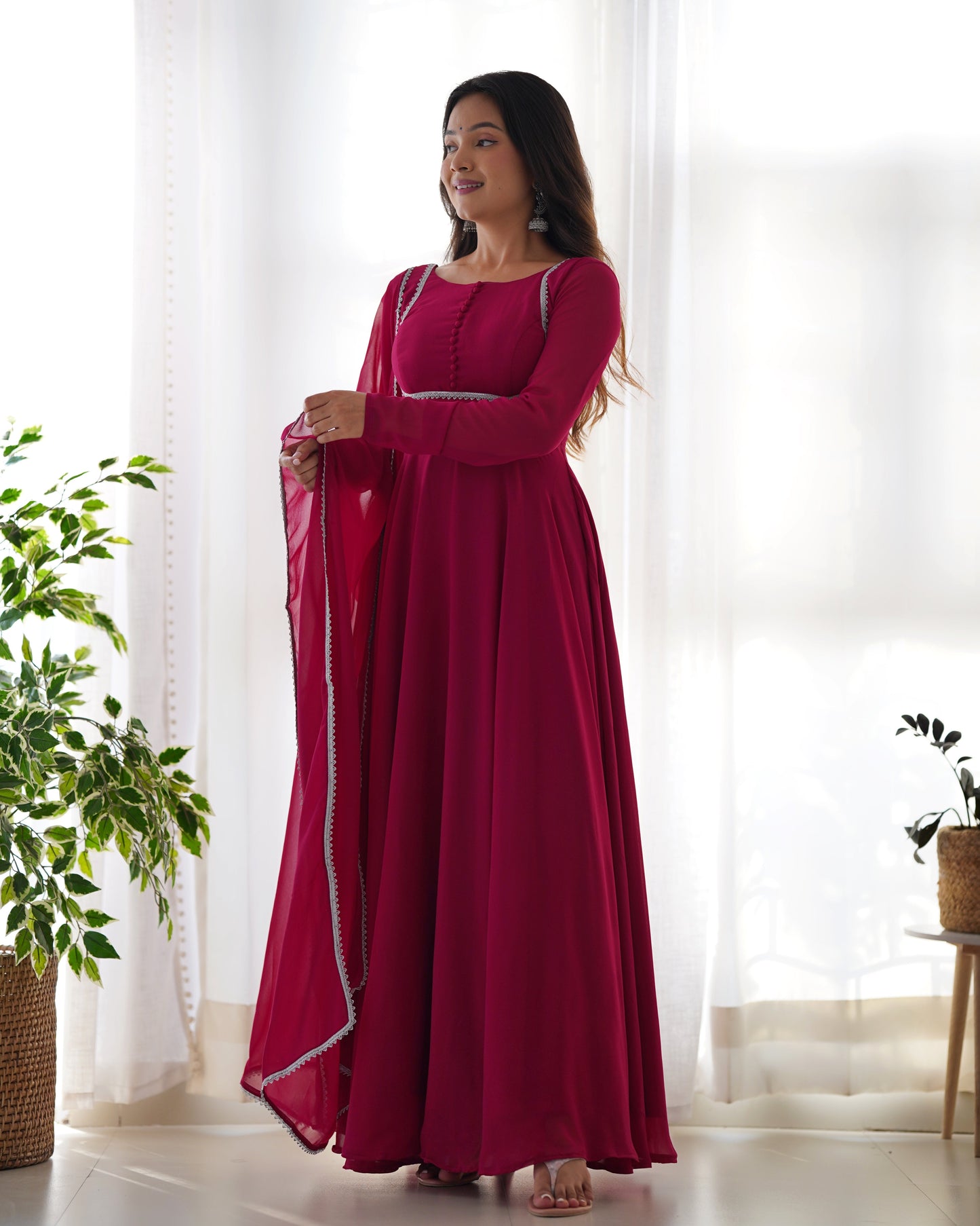 Fetching Faux Georgette Fancy Neck Anarkali Pant Suit - Ethnicwish