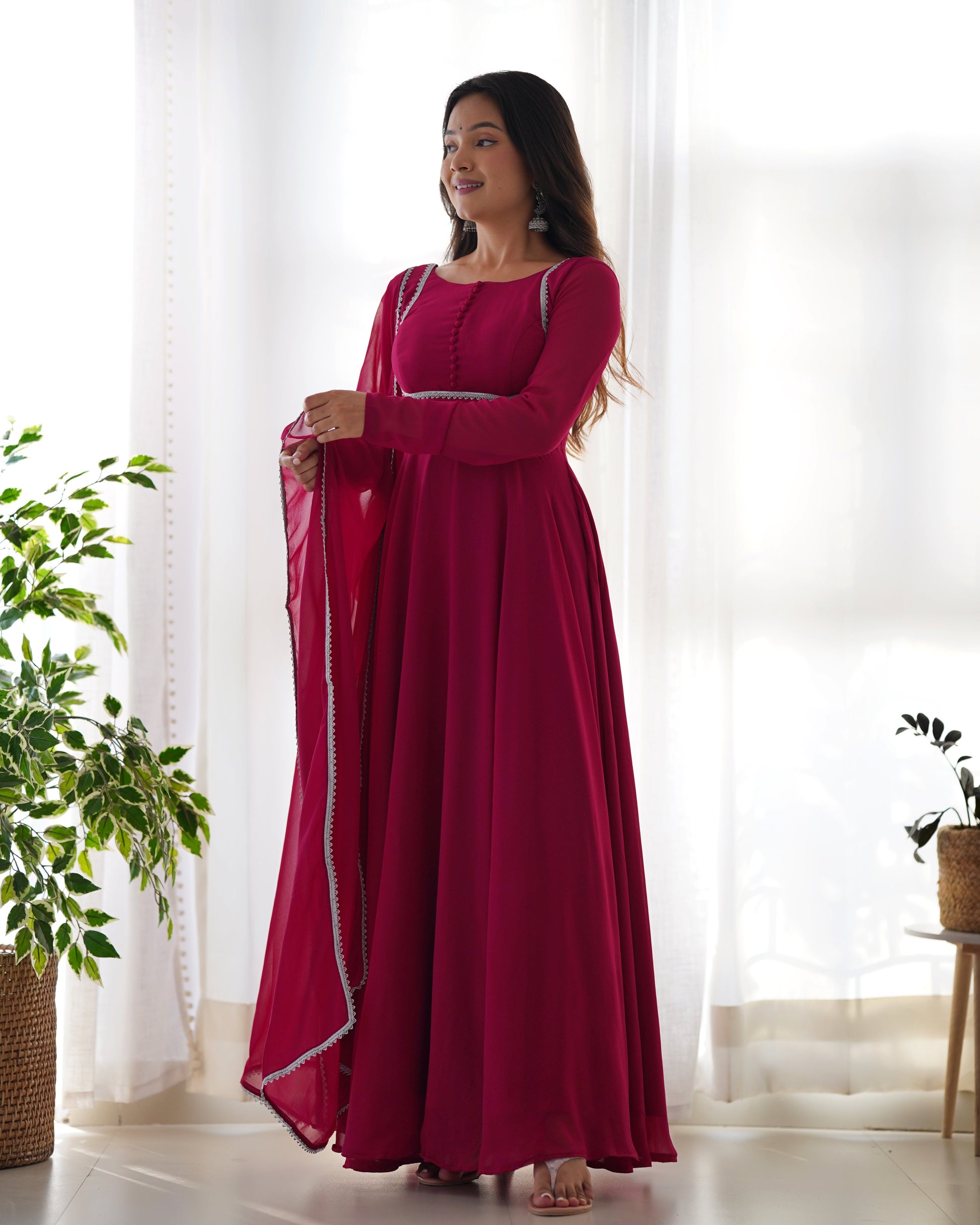 Fetching Faux Georgette Fancy Neck Anarkali Pant Suit - Ethnicwish