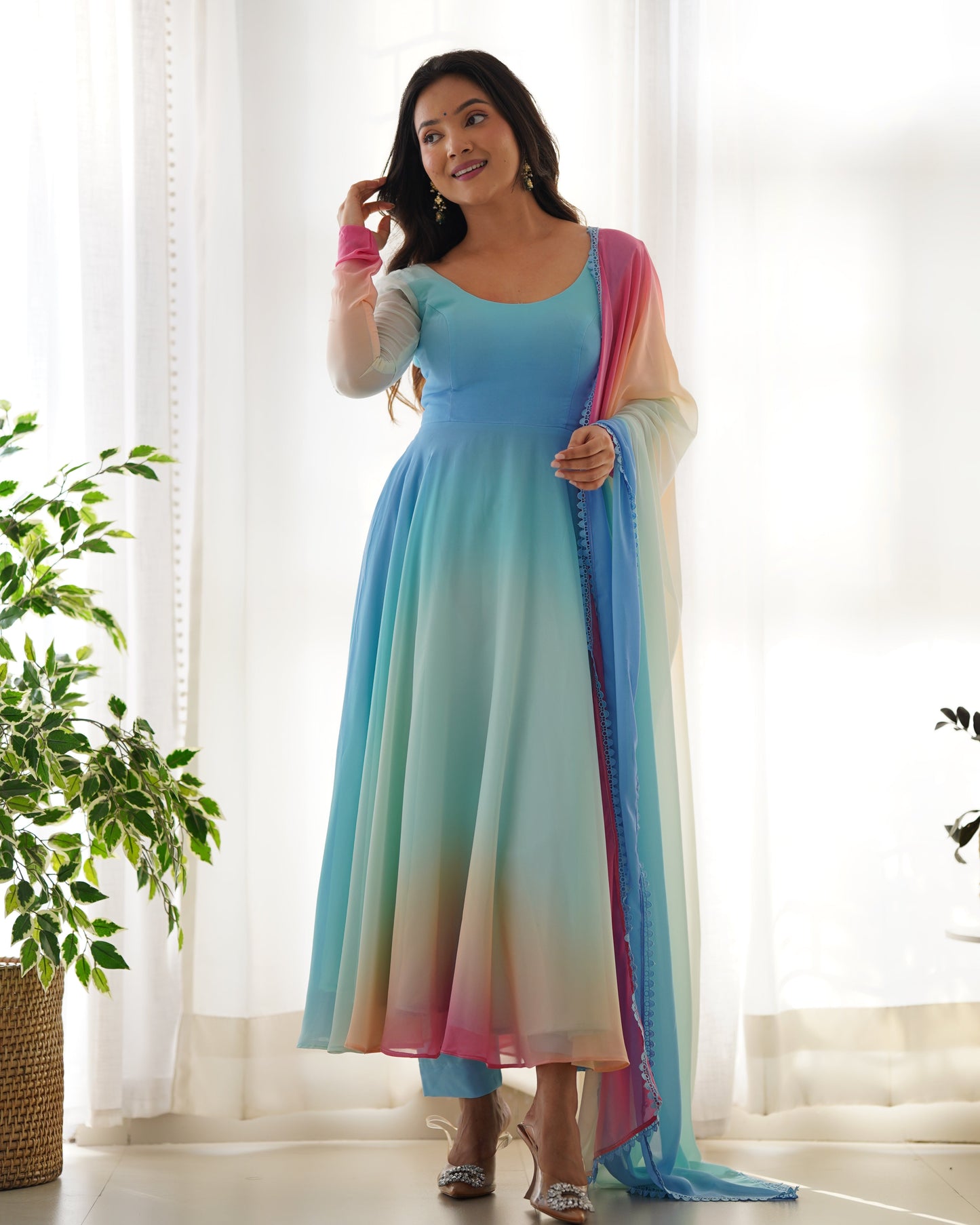 Enchanting Shaded Faux Georgette Fully Stitched Anarkali Pant Suit - Ethnicwish