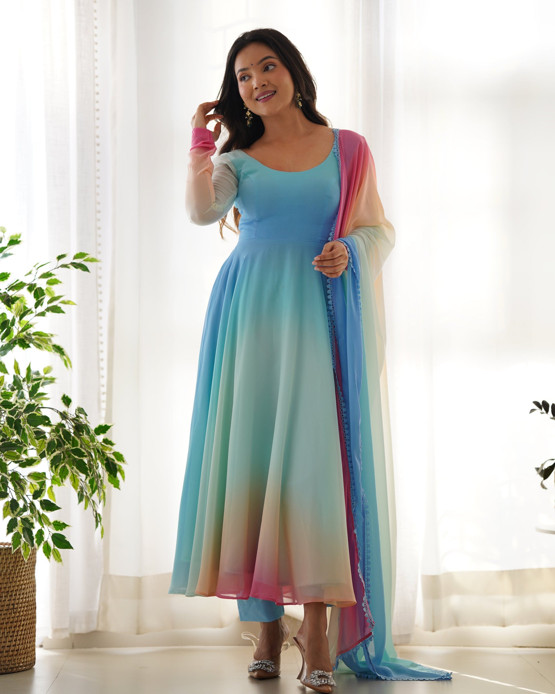Enchanting Shaded Faux Georgette Fully Stitched Anarkali Pant Suit - Ethnicwish
