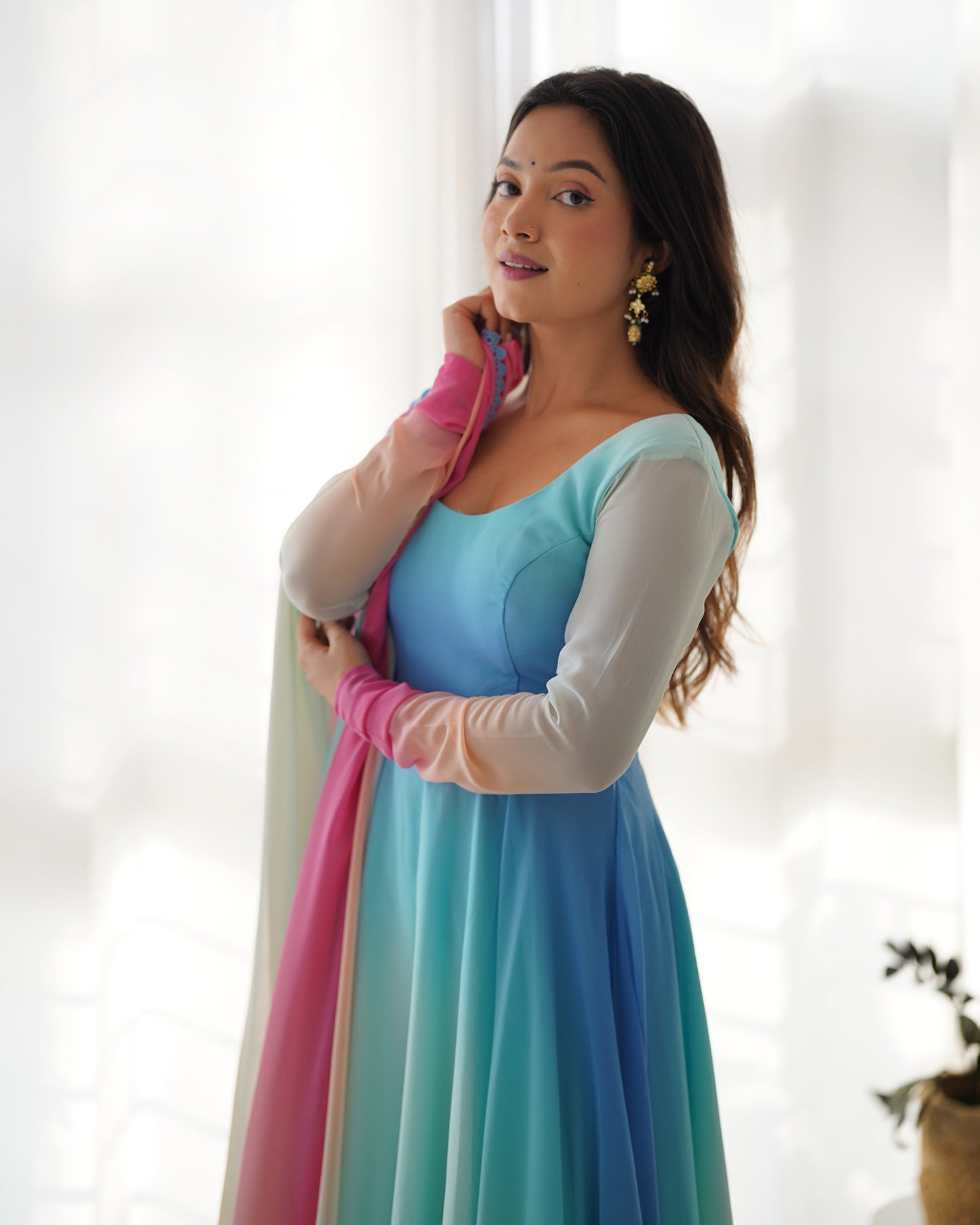 Enchanting Shaded Faux Georgette Fully Stitched Anarkali Pant Suit - Ethnicwish