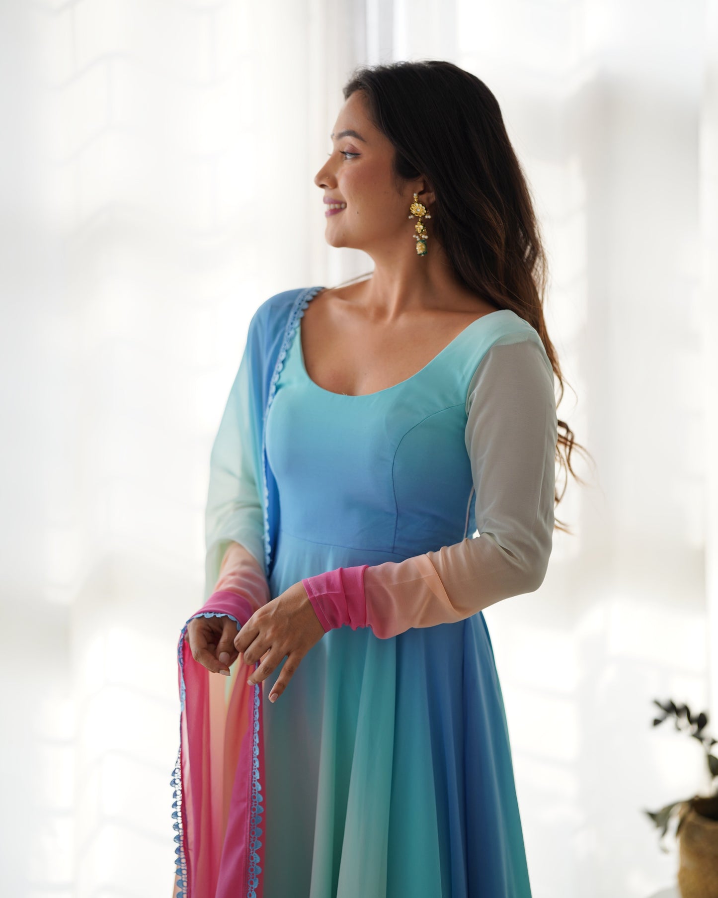 Enchanting Shaded Faux Georgette Fully Stitched Anarkali Pant Suit - Ethnicwish
