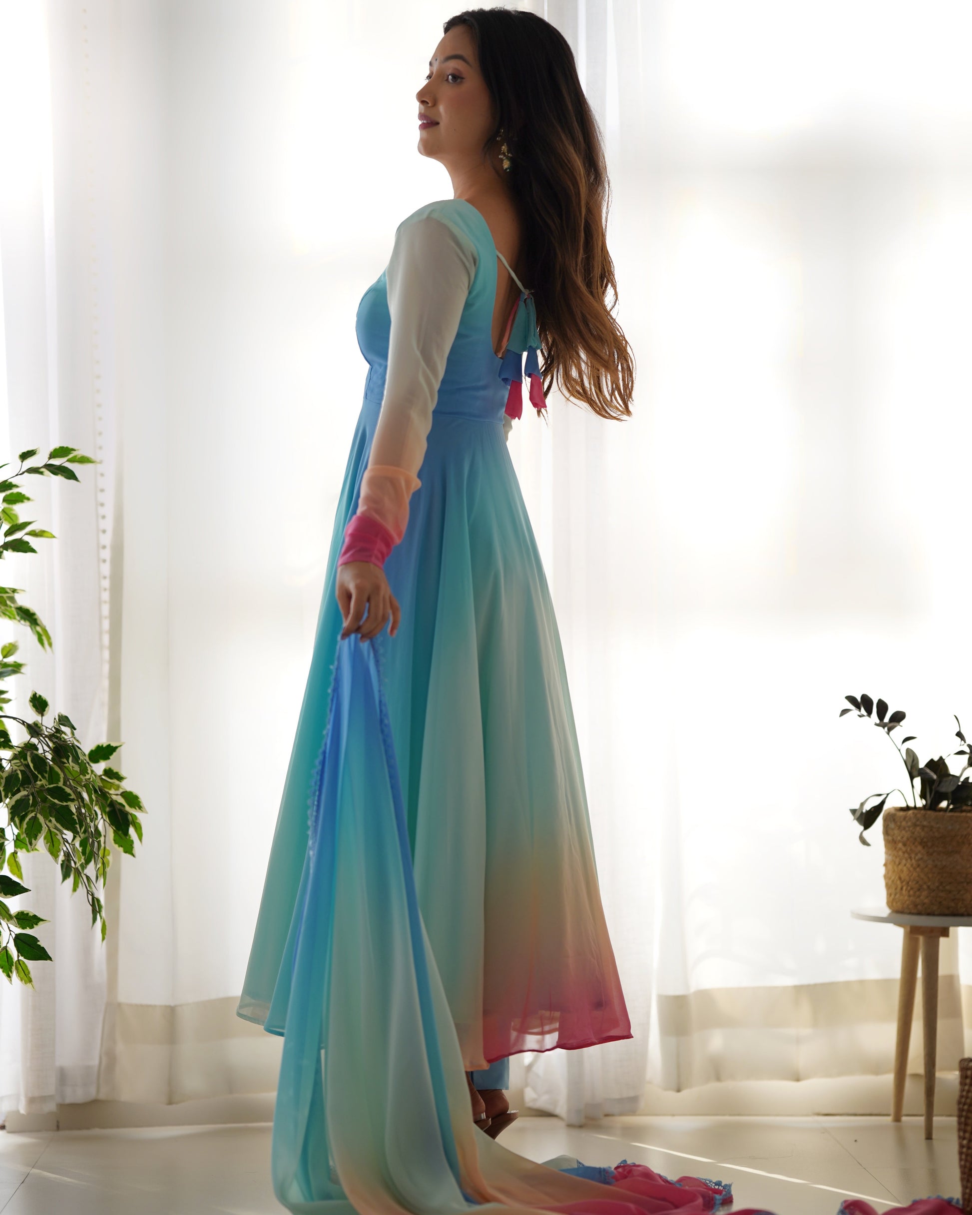Enchanting Shaded Faux Georgette Fully Stitched Anarkali Pant Suit - Ethnicwish