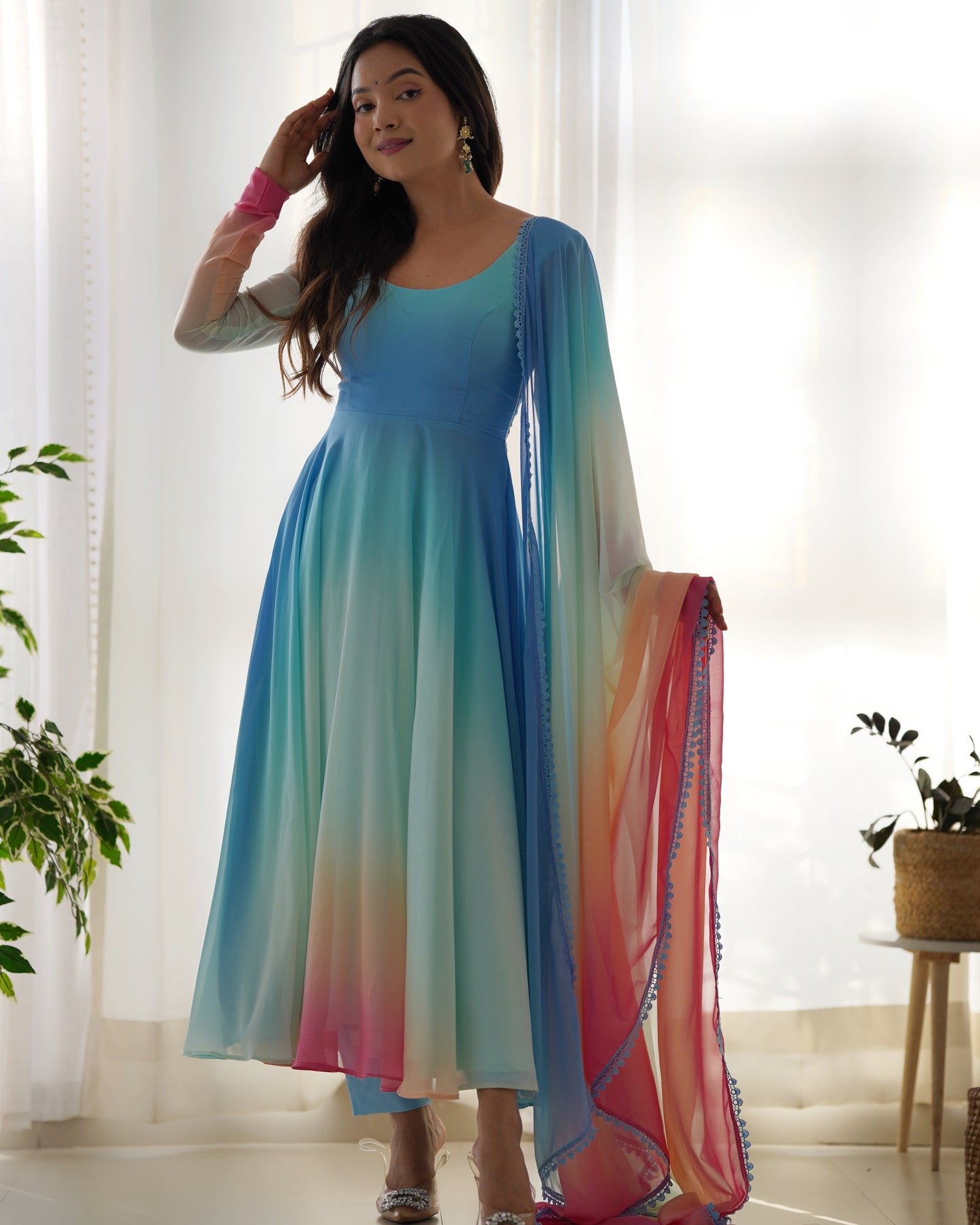 Enchanting Shaded Faux Georgette Fully Stitched Anarkali Pant Suit - Ethnicwish