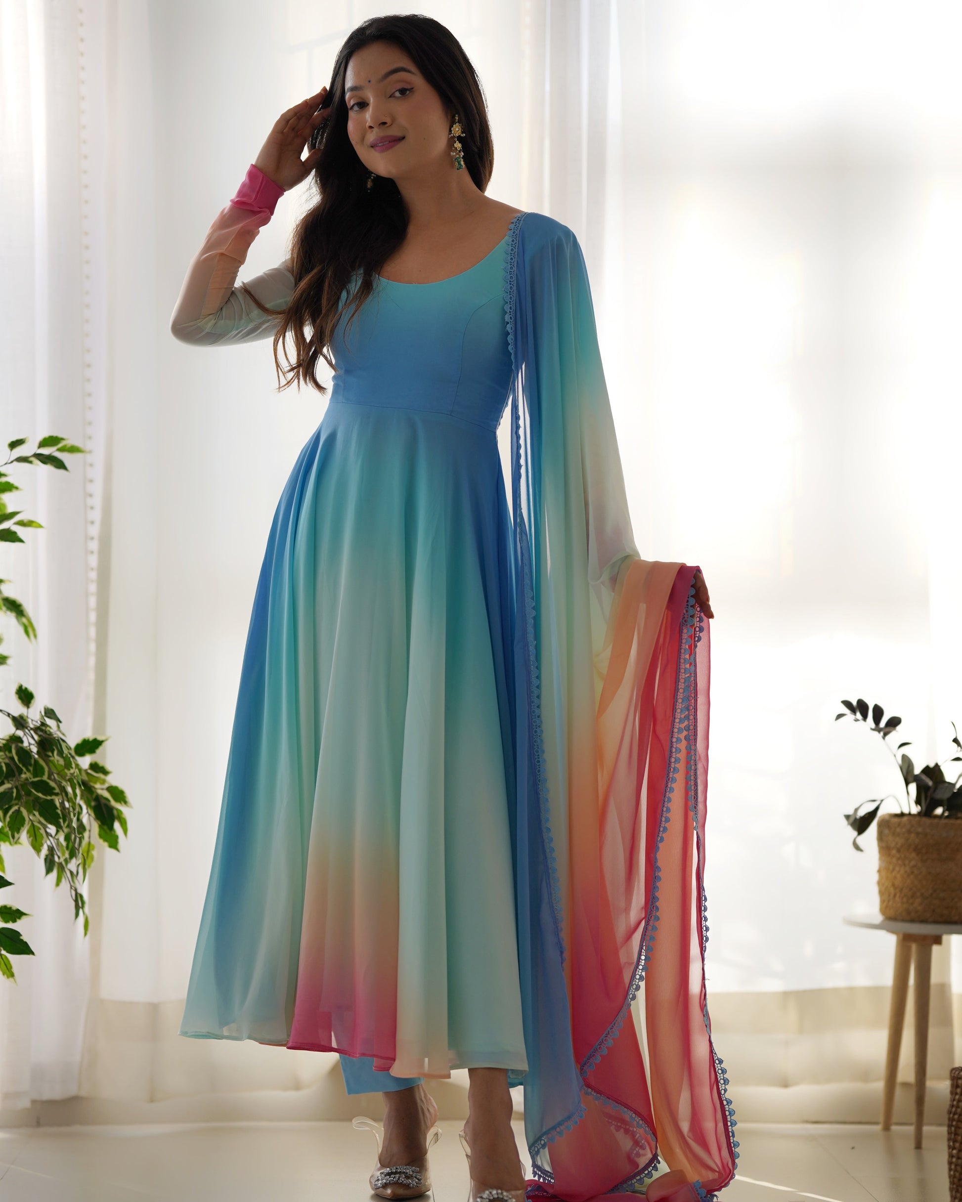 Enchanting Shaded Faux Georgette Fully Stitched Anarkali Pant Suit - Ethnicwish