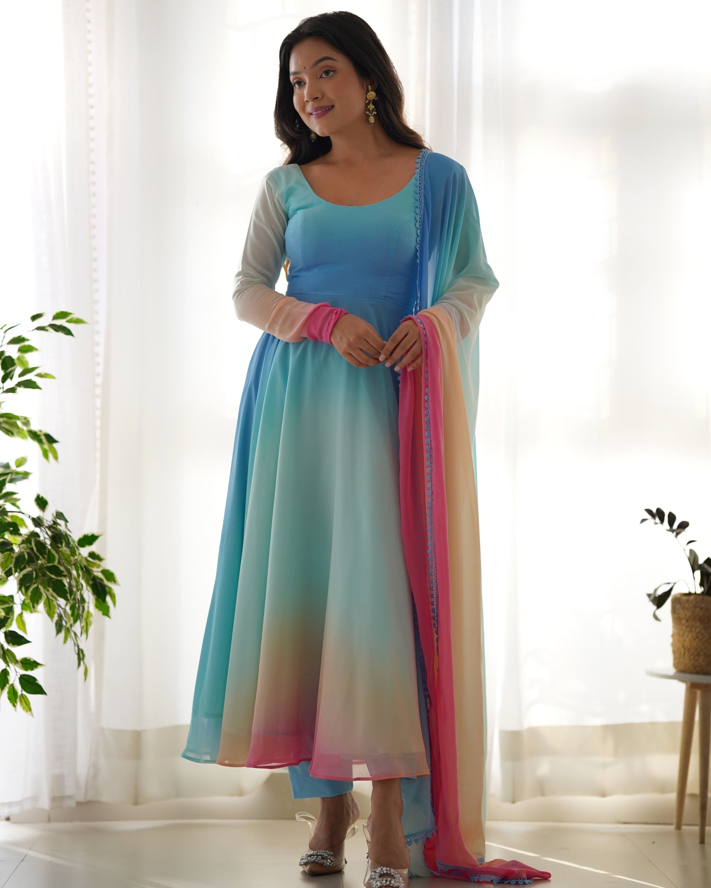 Enchanting Shaded Faux Georgette Fully Stitched Anarkali Pant Suit - Ethnicwish