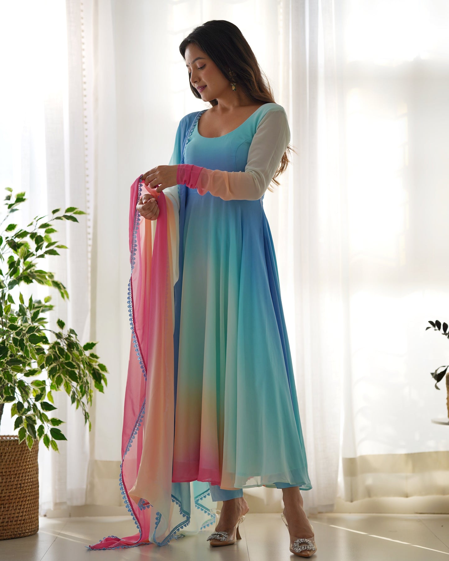 Enchanting Shaded Faux Georgette Fully Stitched Anarkali Pant Suit - Ethnicwish