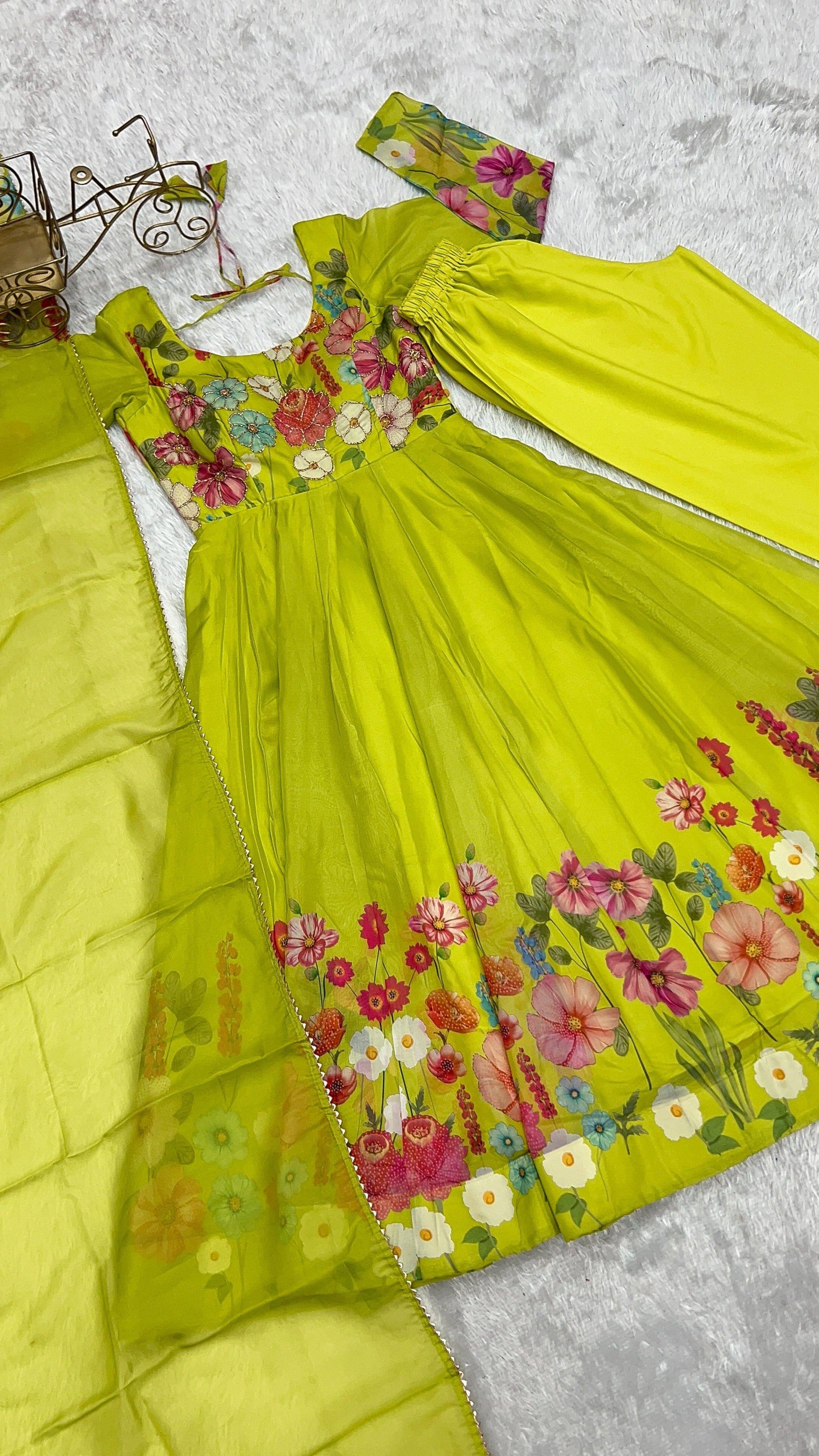 Breathtaking Organza Silk Floral Printed Designer Anarkali Pant Suit - Ethnicwish
