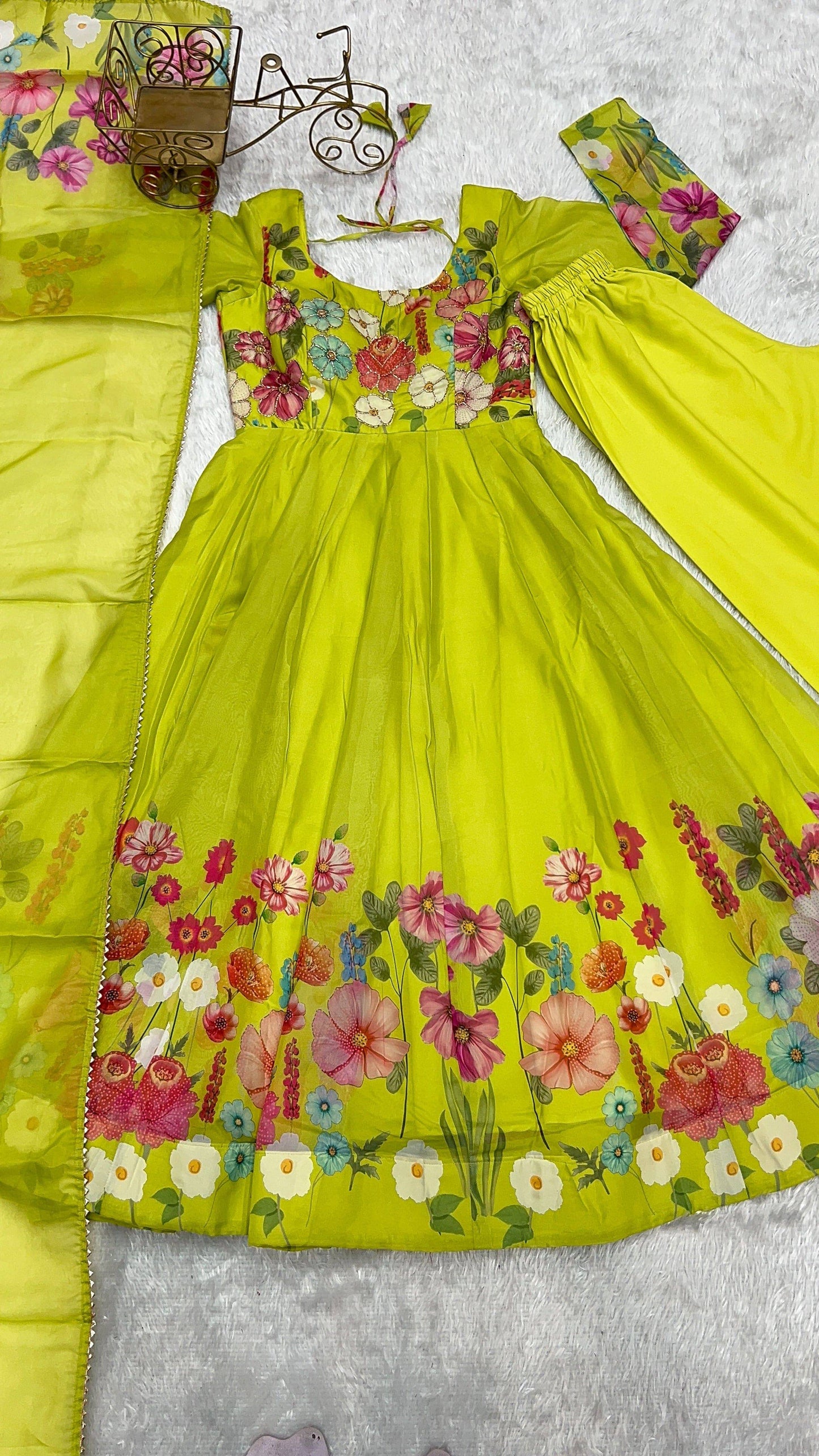 Breathtaking Organza Silk Floral Printed Designer Anarkali Pant Suit - Ethnicwish