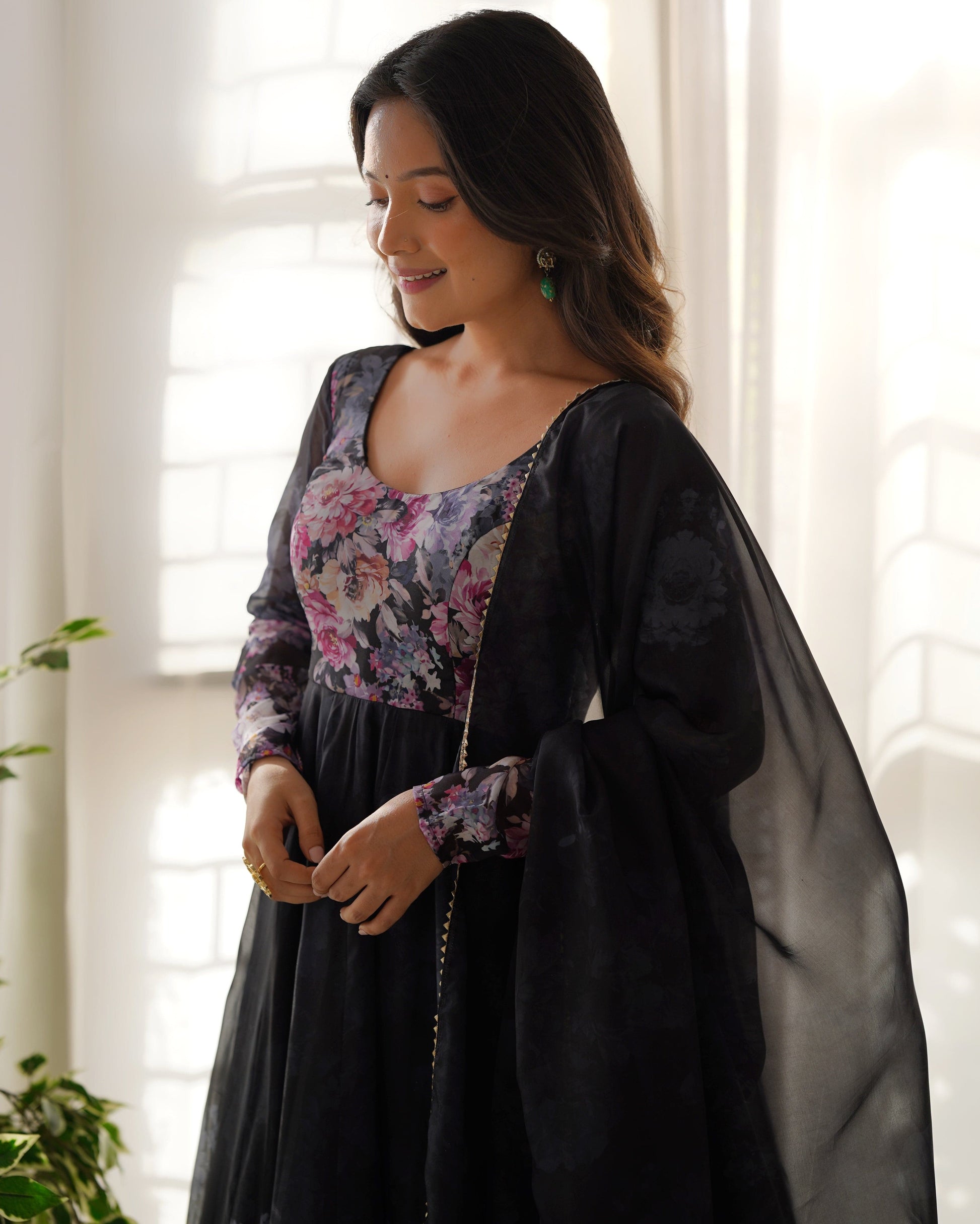 Lovely Organza Silk Floral Digital Printed Anarkali Pant Suit - Ethnicwish