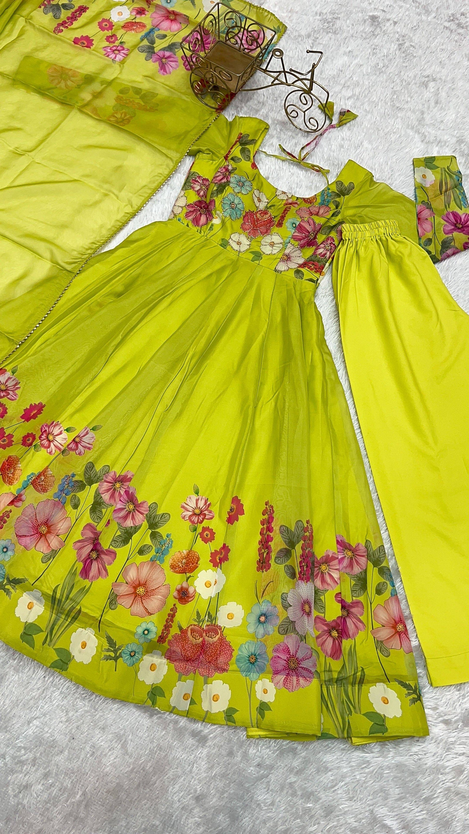Breathtaking Organza Silk Floral Printed Designer Anarkali Pant Suit - Ethnicwish