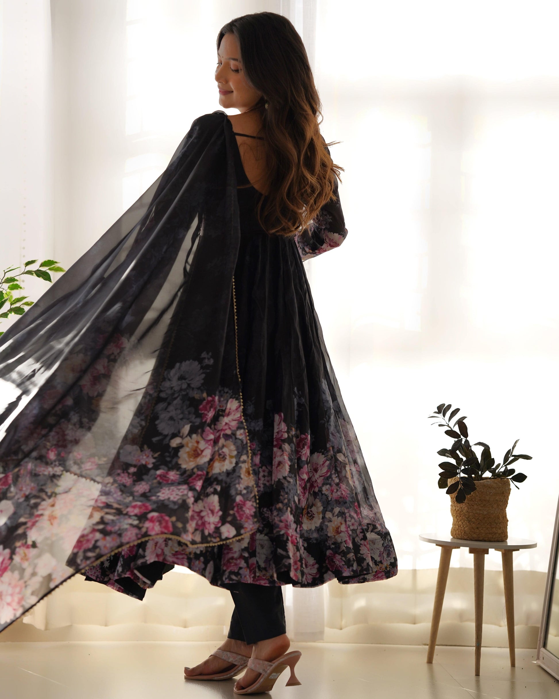 Lovely Organza Silk Floral Digital Printed Anarkali Pant Suit - Ethnicwish