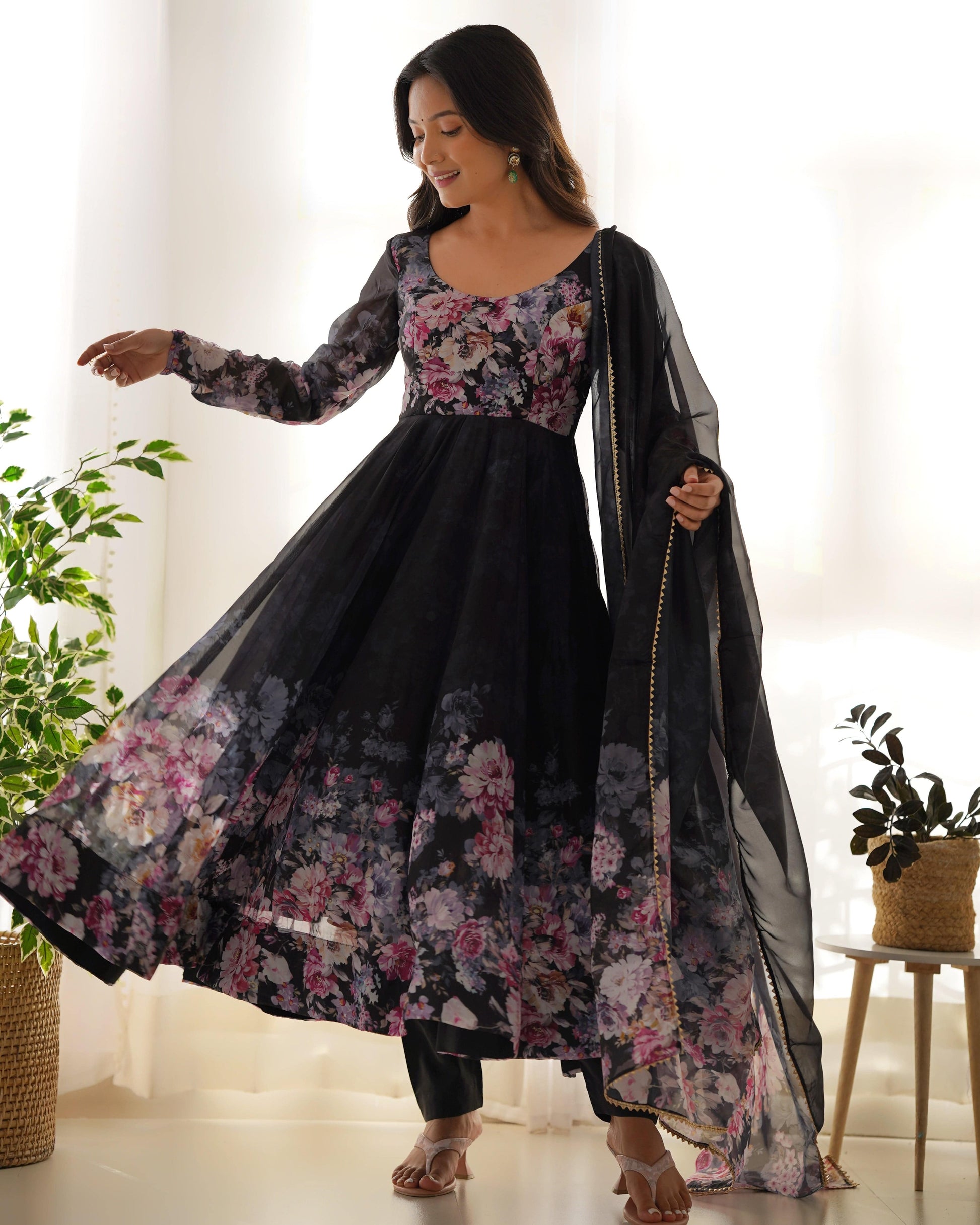 Lovely Organza Silk Floral Digital Printed Anarkali Pant Suit - Ethnicwish
