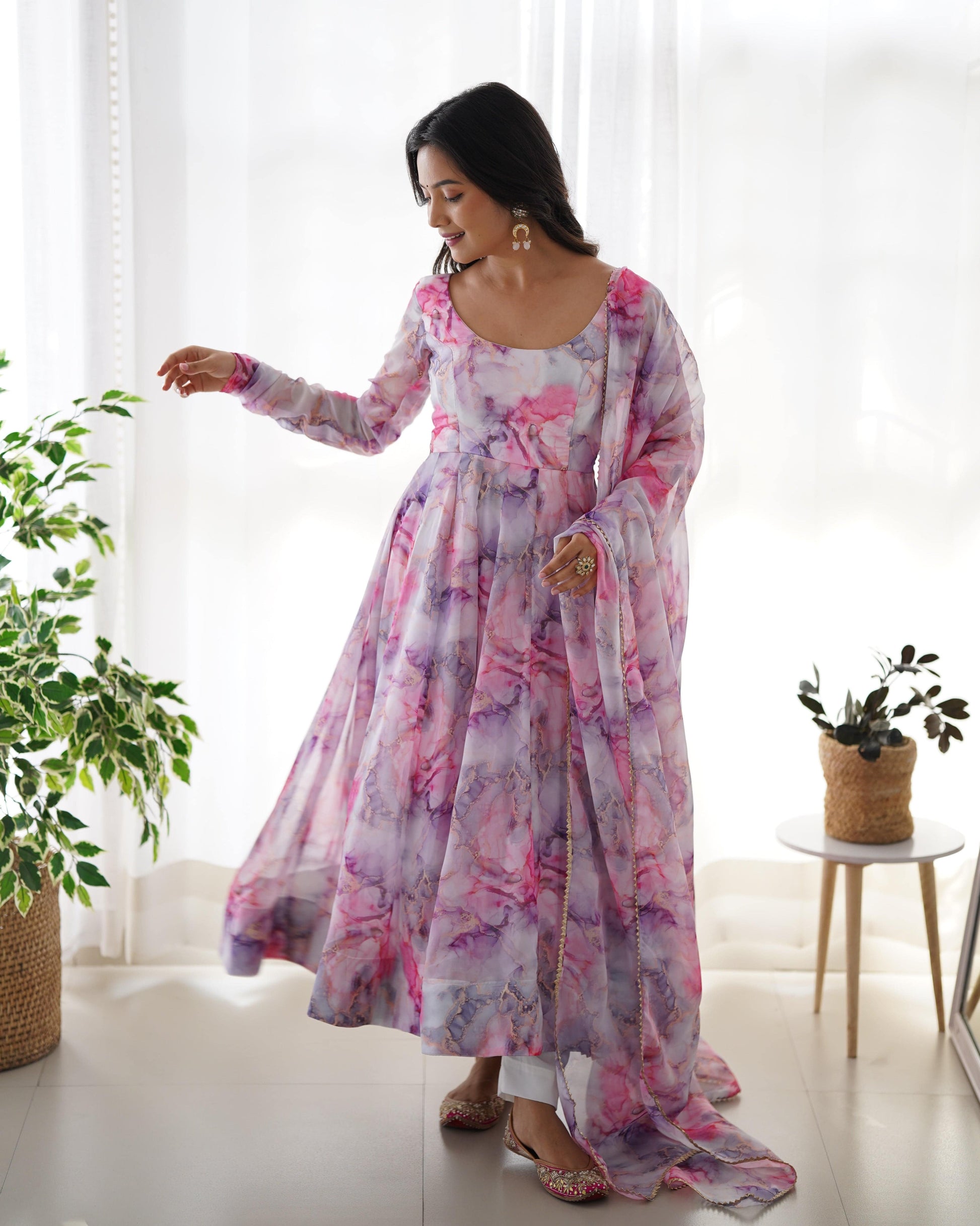 Graceful Organza Silk Floral Digital Printed Anarkali Pant Suit - Ethnicwish