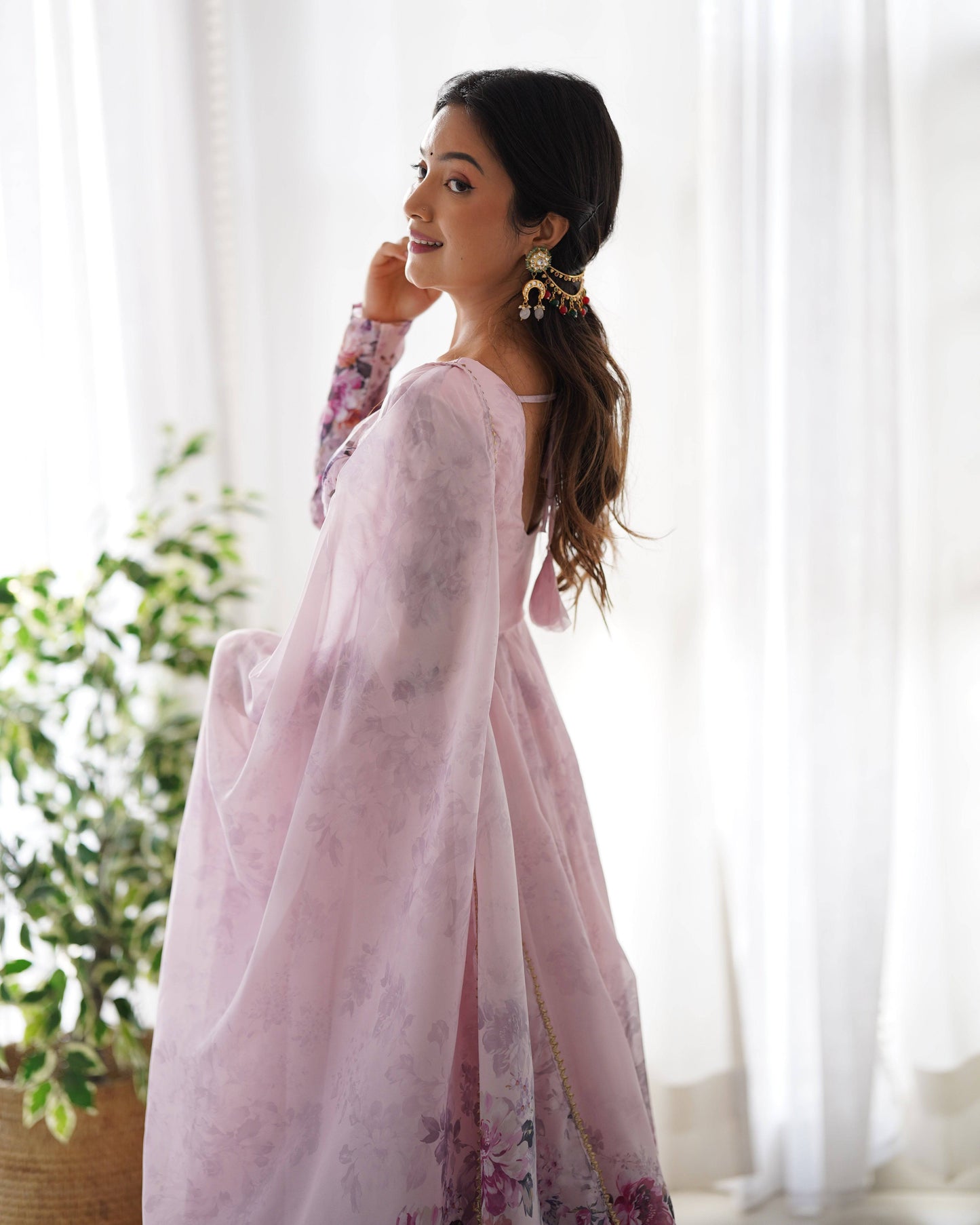 Lovely Organza Silk Floral Digital Printed Anarkali Pant Suit - Ethnicwish