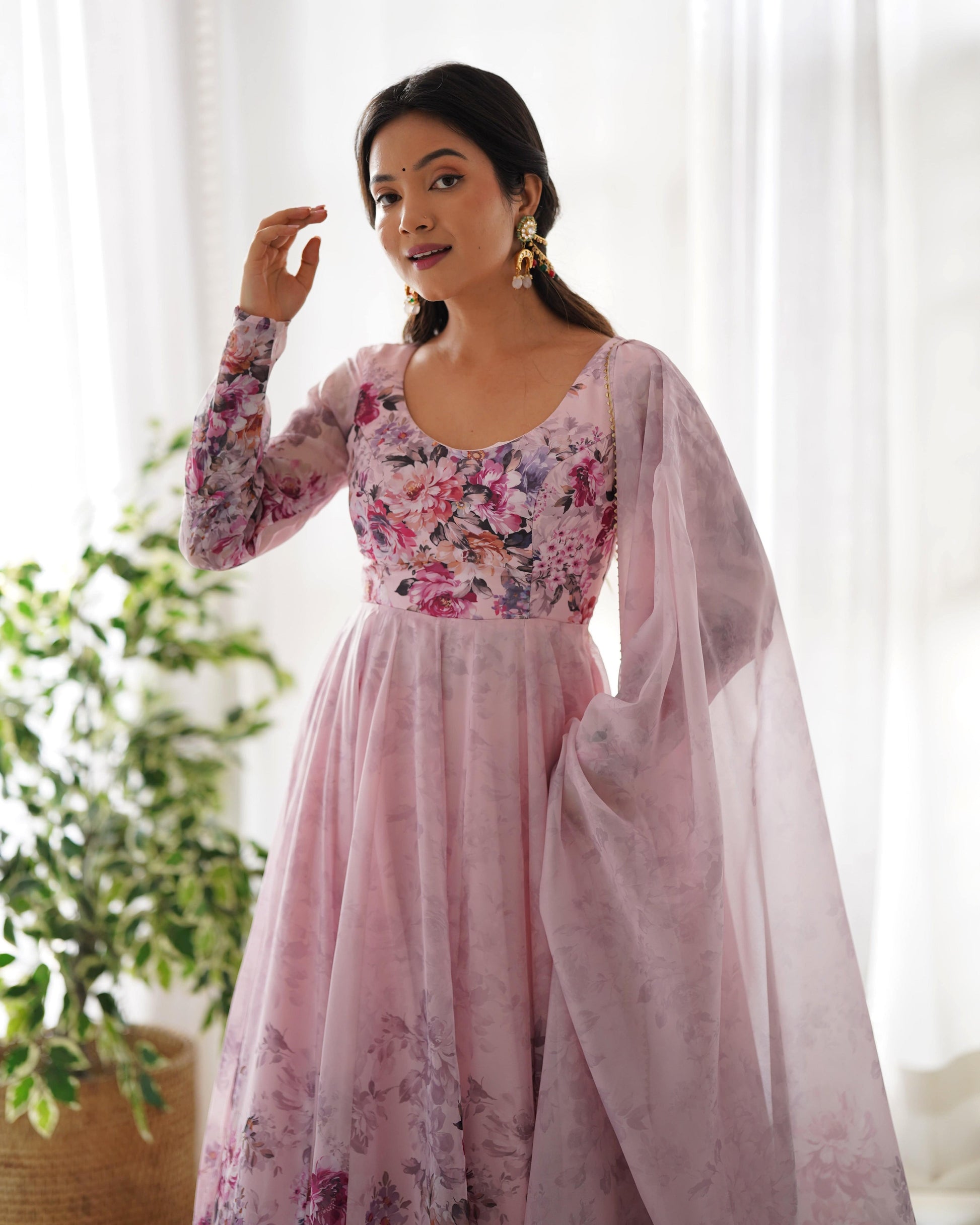 Lovely Organza Silk Floral Digital Printed Anarkali Pant Suit - Ethnicwish