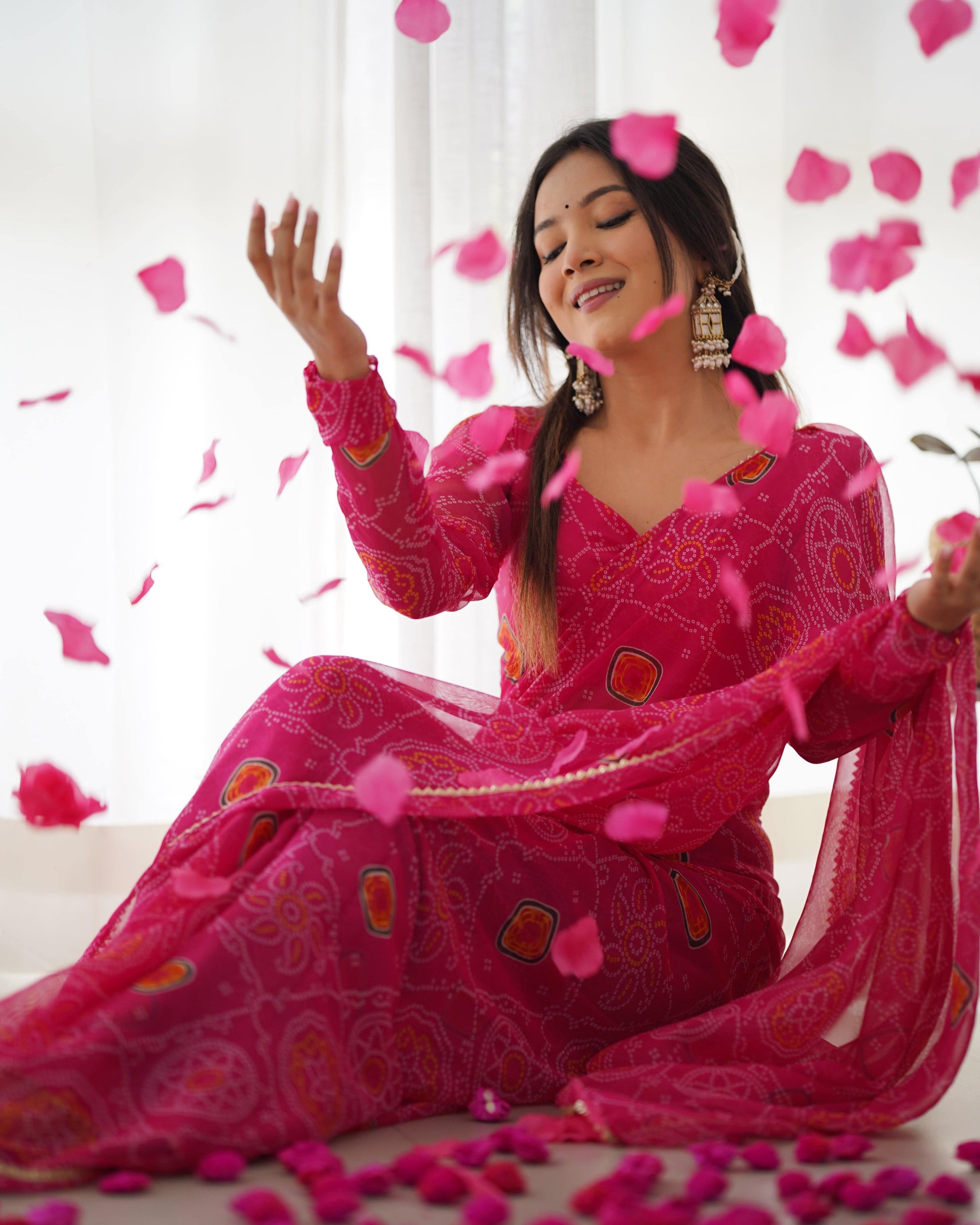Pink Pure Soft Chiffon Bandhej Printed Ready To Wear Saree - Ethnicwish