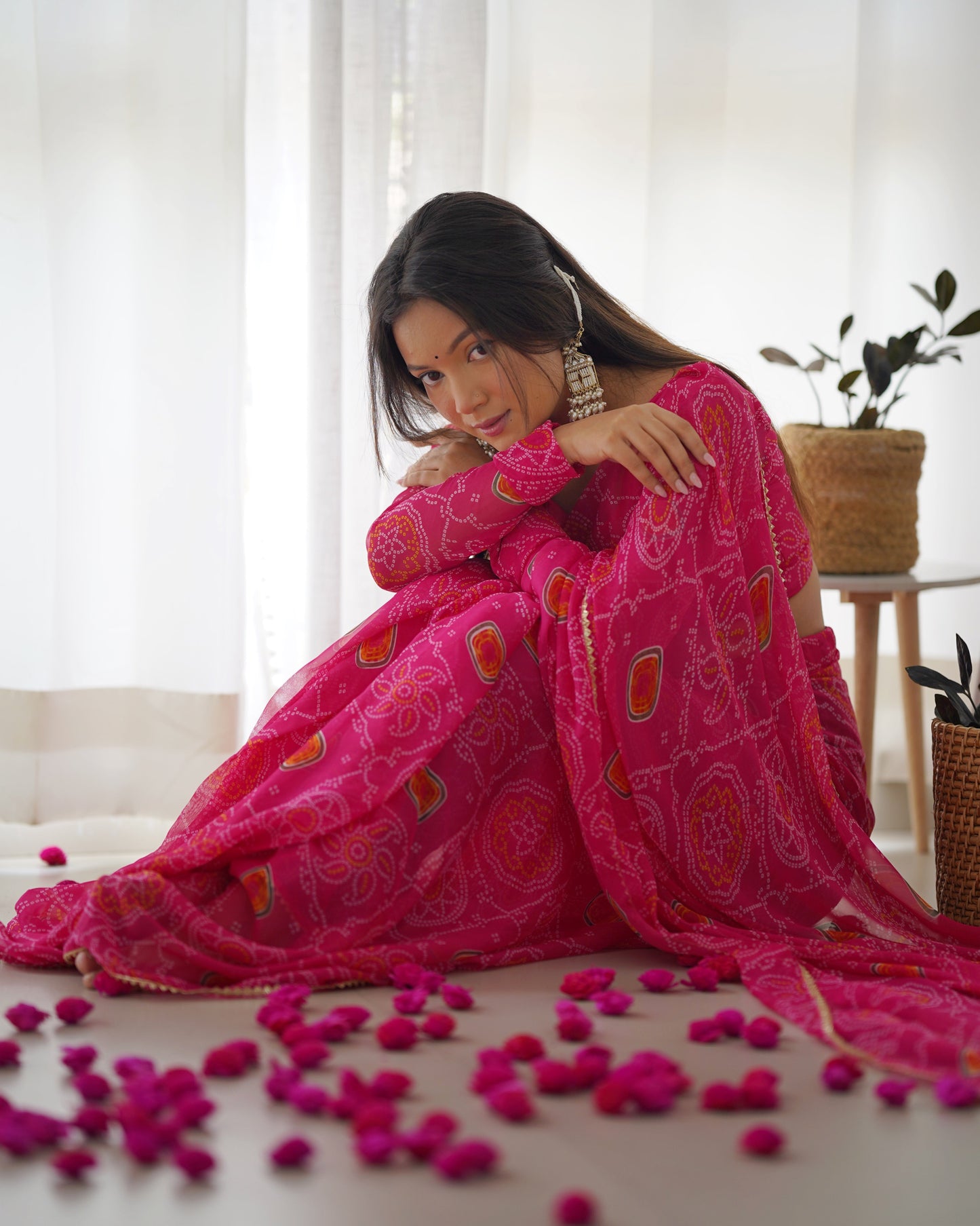 Pink Pure Soft Chiffon Bandhej Printed Ready To Wear Saree - Ethnicwish