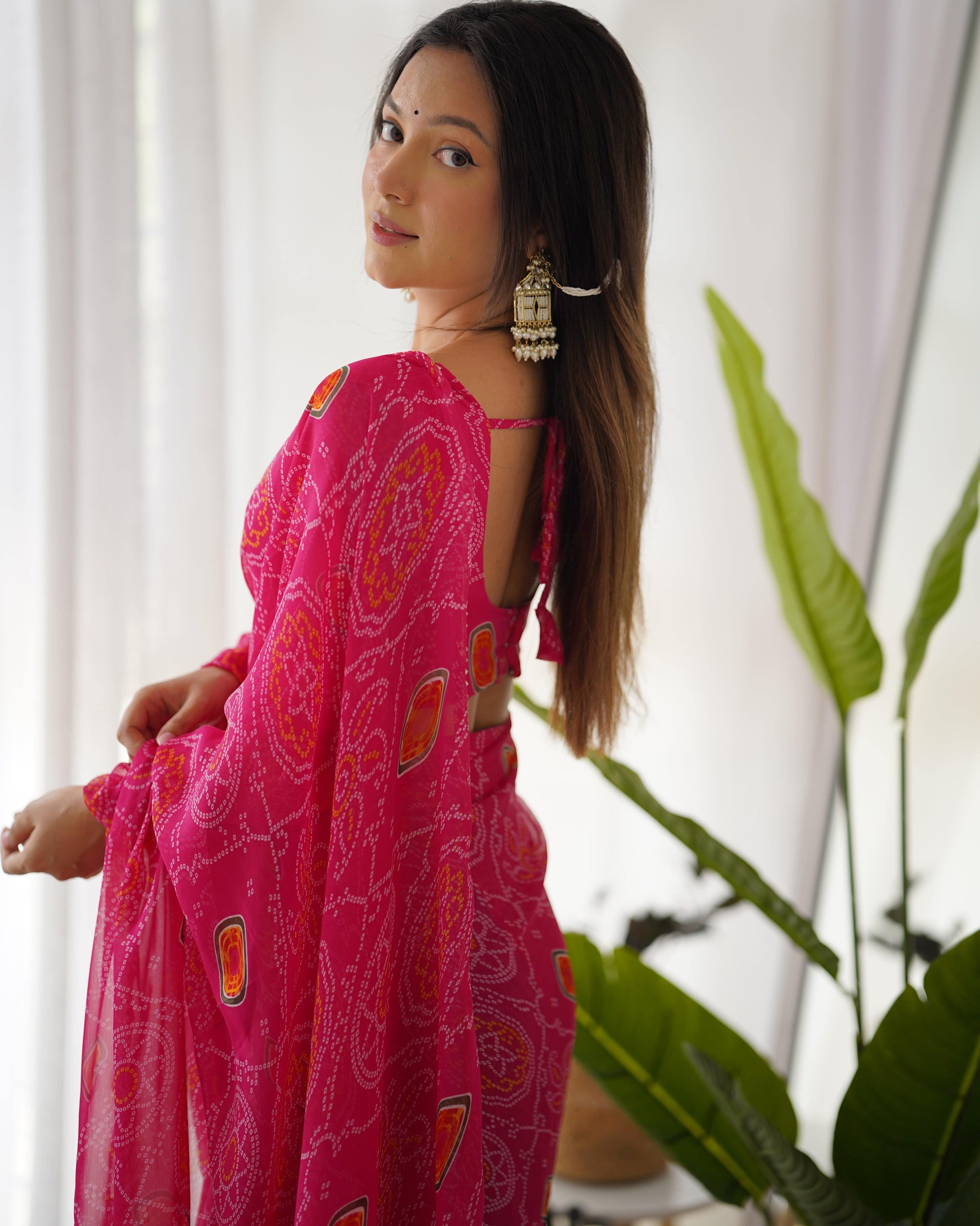 Pink Pure Soft Chiffon Bandhej Printed Ready To Wear Saree - Ethnicwish