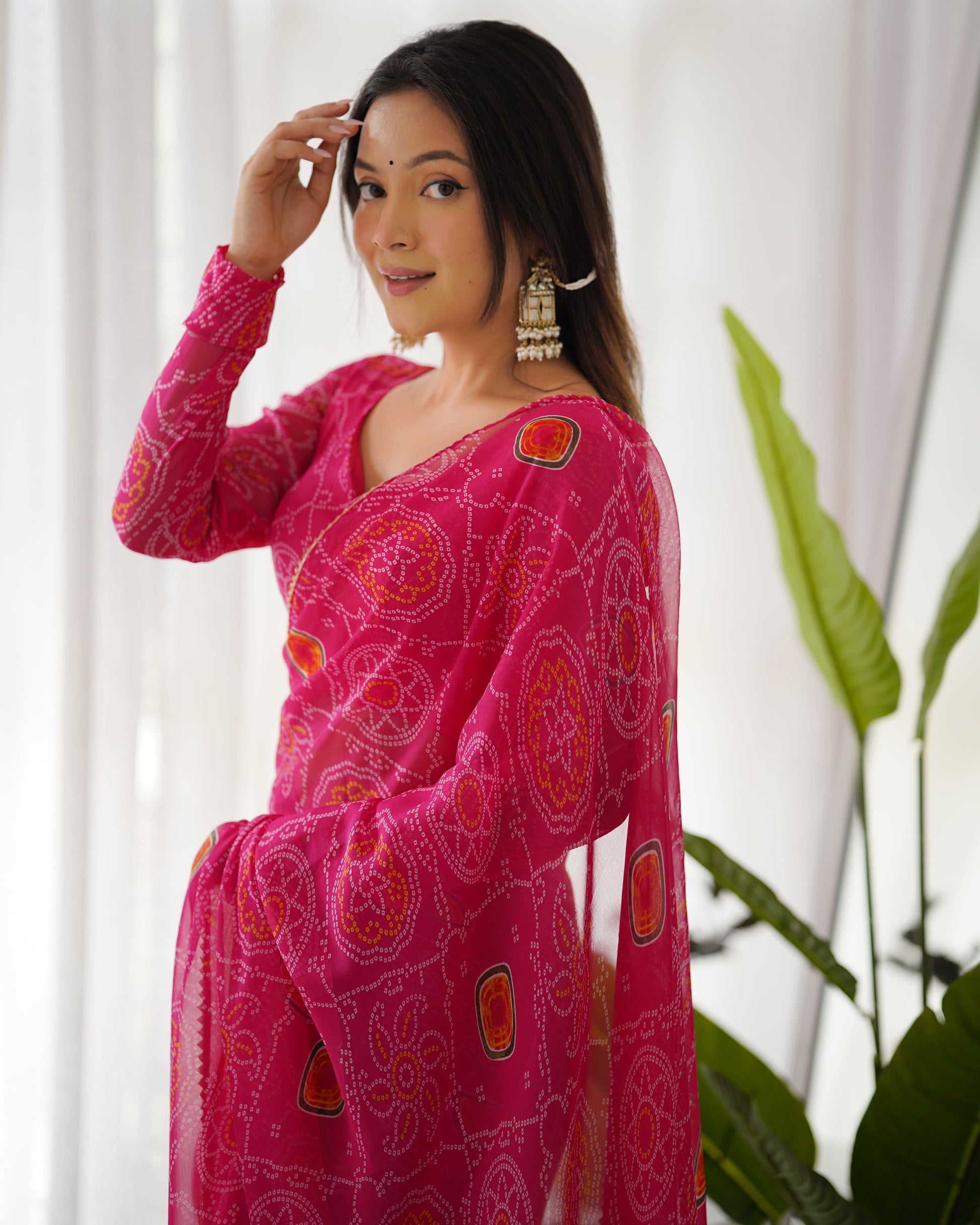 Pink Pure Soft Chiffon Bandhej Printed Ready To Wear Saree - Ethnicwish