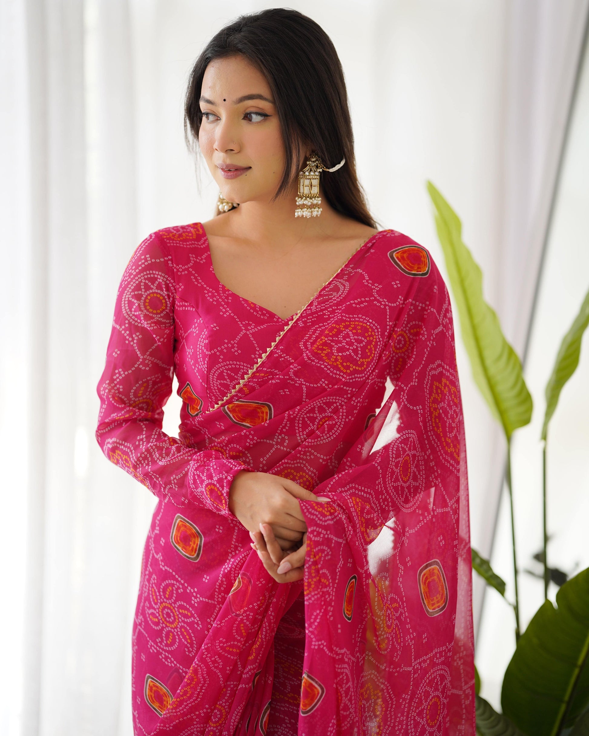 Pink Pure Soft Chiffon Bandhej Printed Ready To Wear Saree - Ethnicwish