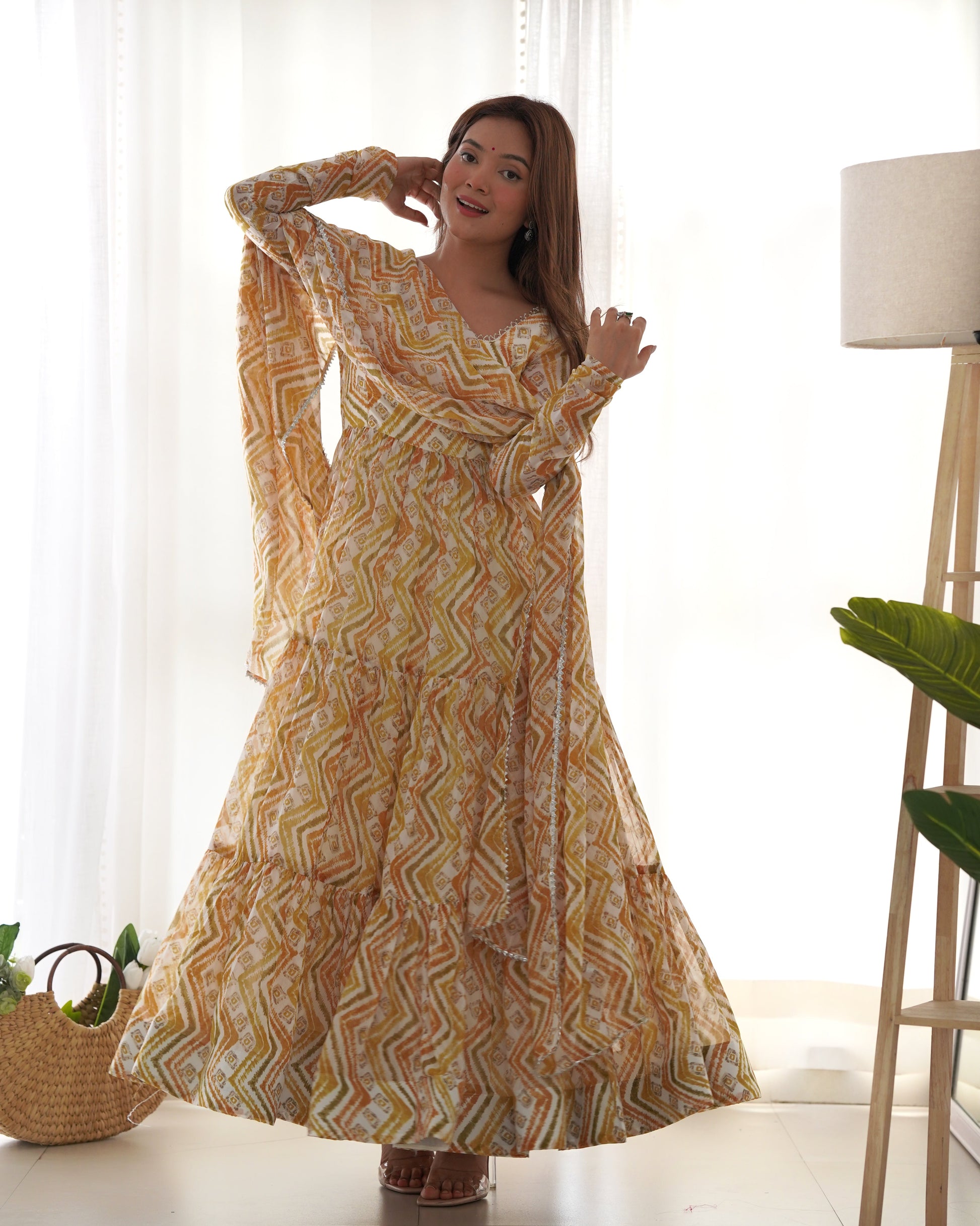 Resplendent Faux Georgette Zigzag Printed Anarkali Pant Suit - Ethnicwish