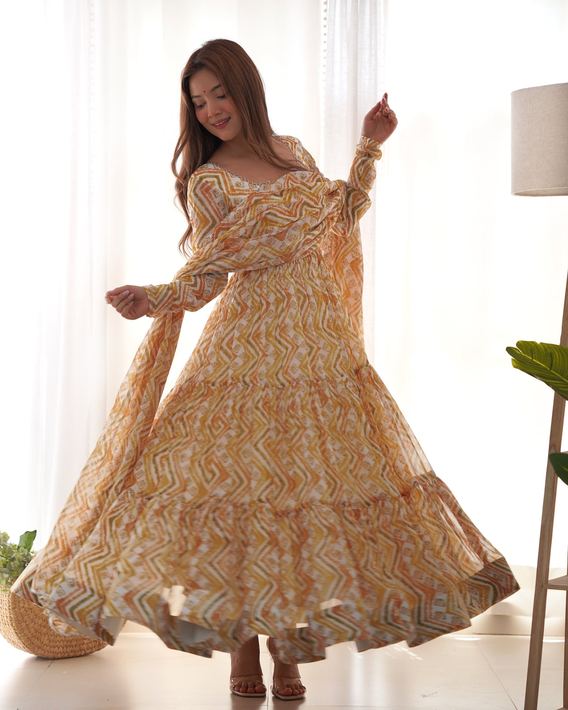 Resplendent Faux Georgette Zigzag Printed Anarkali Pant Suit - Ethnicwish