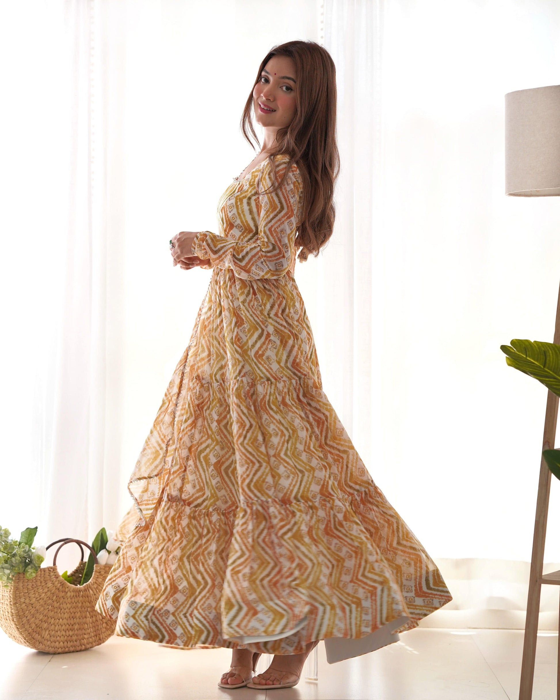 Resplendent Faux Georgette Zigzag Printed Anarkali Pant Suit - Ethnicwish