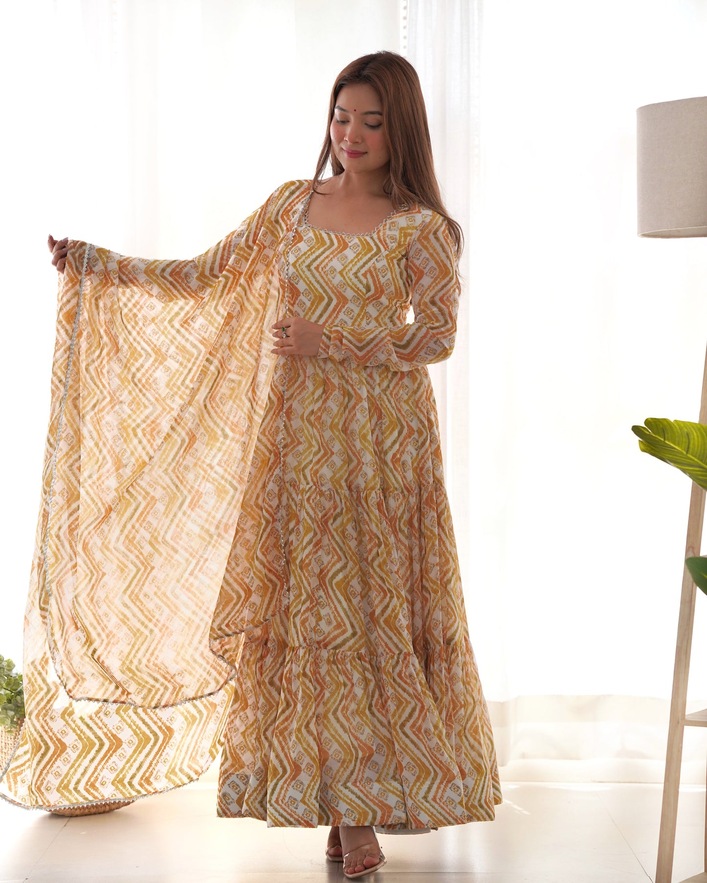 Resplendent Faux Georgette Zigzag Printed Anarkali Pant Suit - Ethnicwish