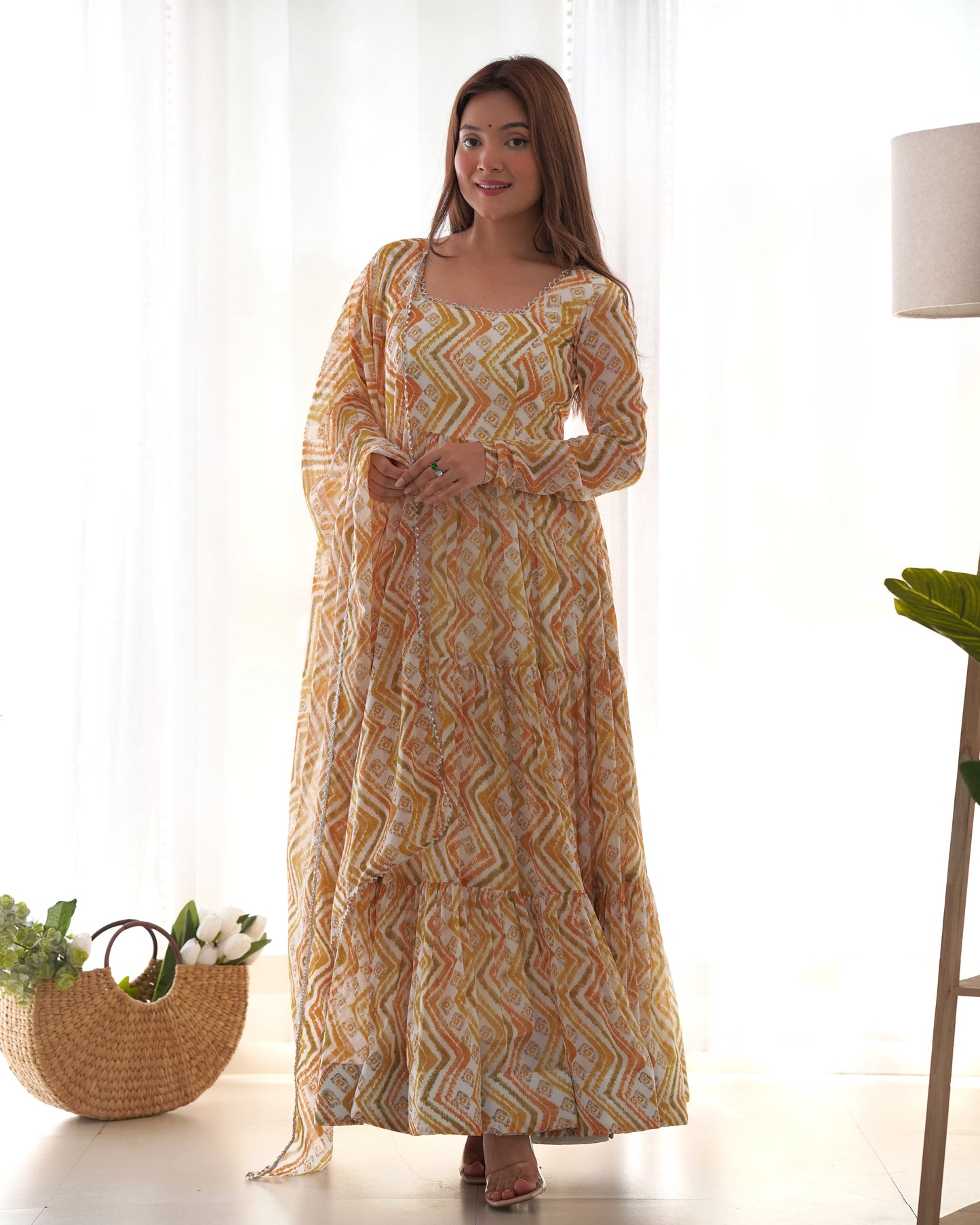 Resplendent Faux Georgette Zigzag Printed Anarkali Pant Suit - Ethnicwish