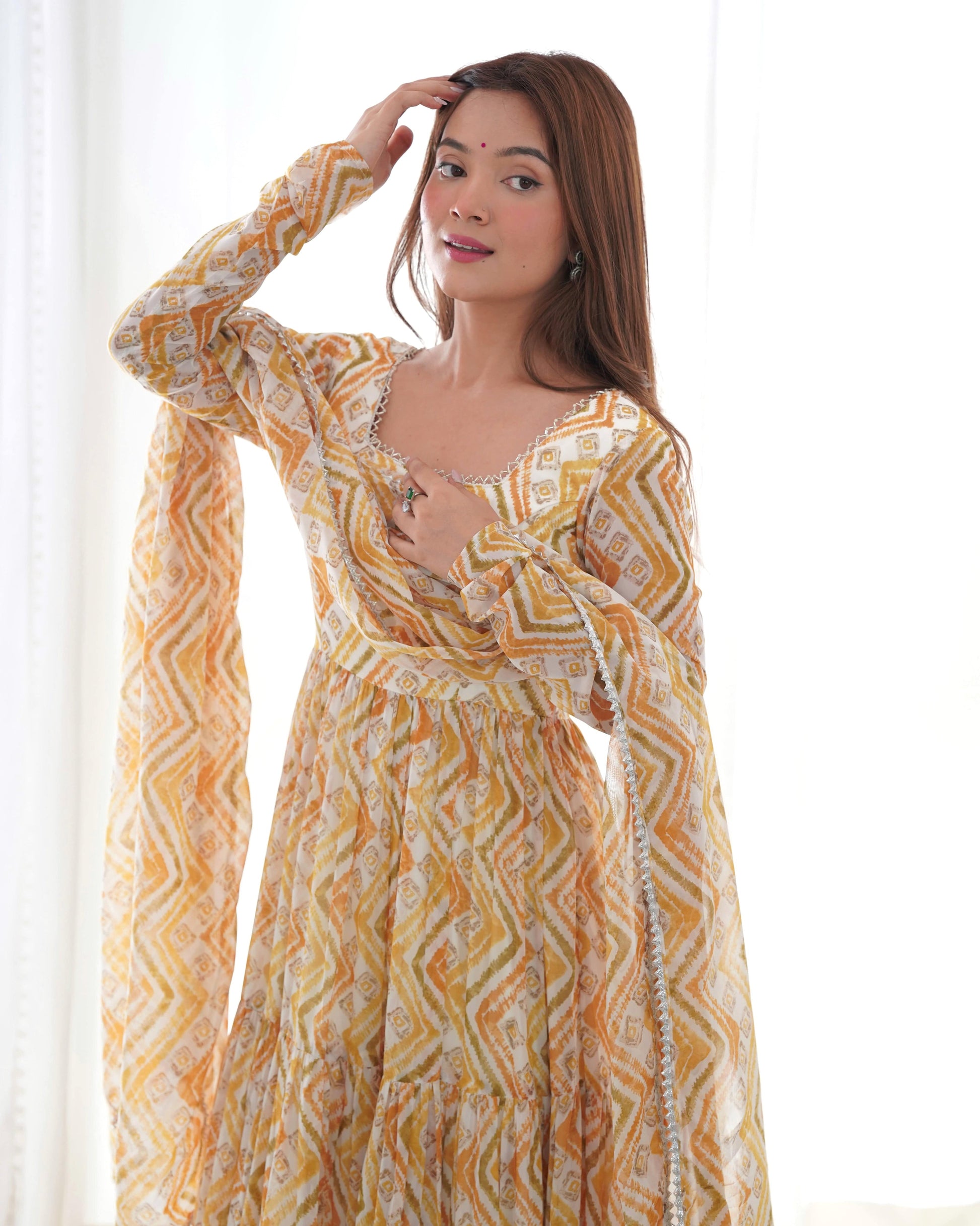 Resplendent Faux Georgette Zigzag Printed Anarkali Pant Suit - Ethnicwish