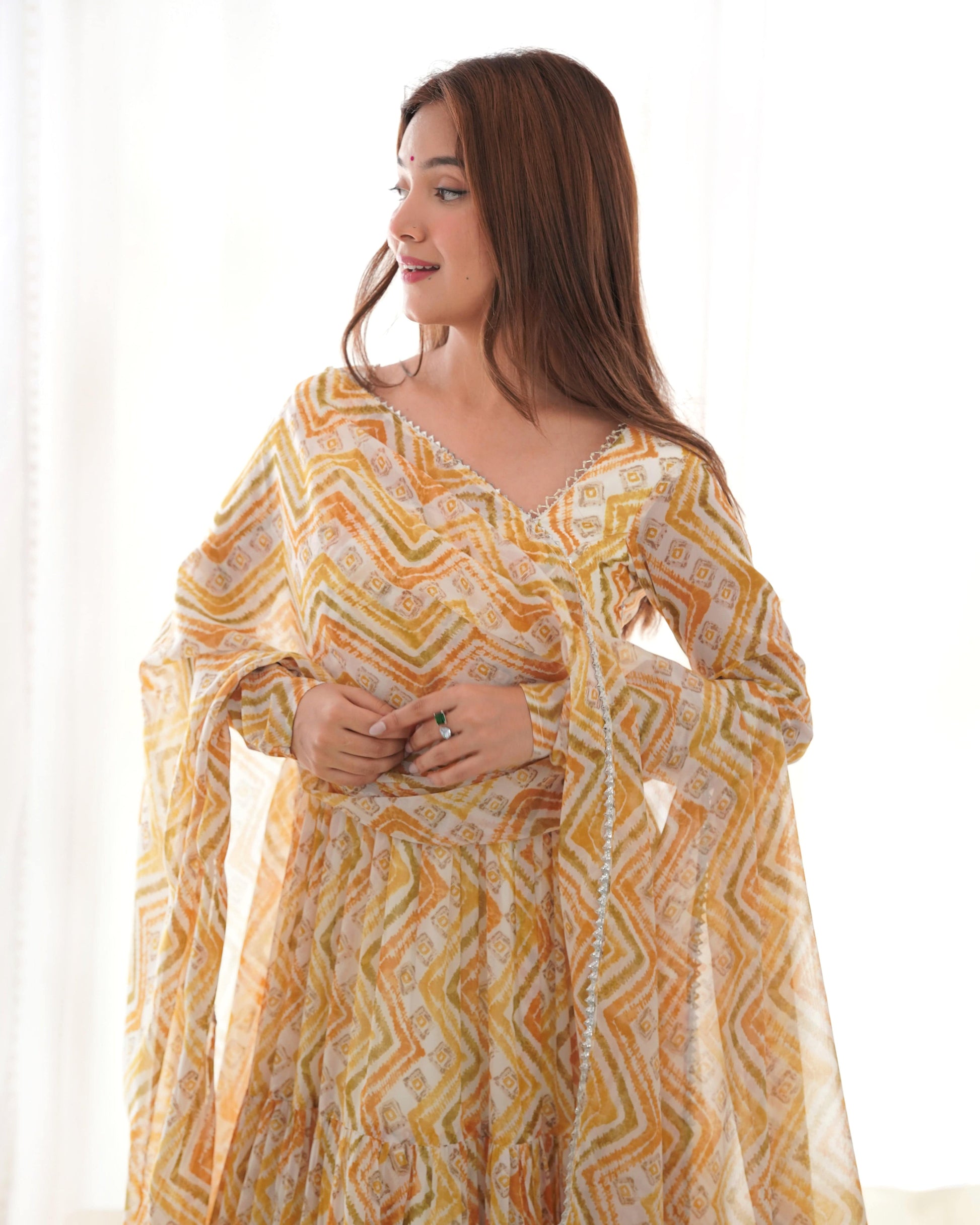 Resplendent Faux Georgette Zigzag Printed Anarkali Pant Suit - Ethnicwish